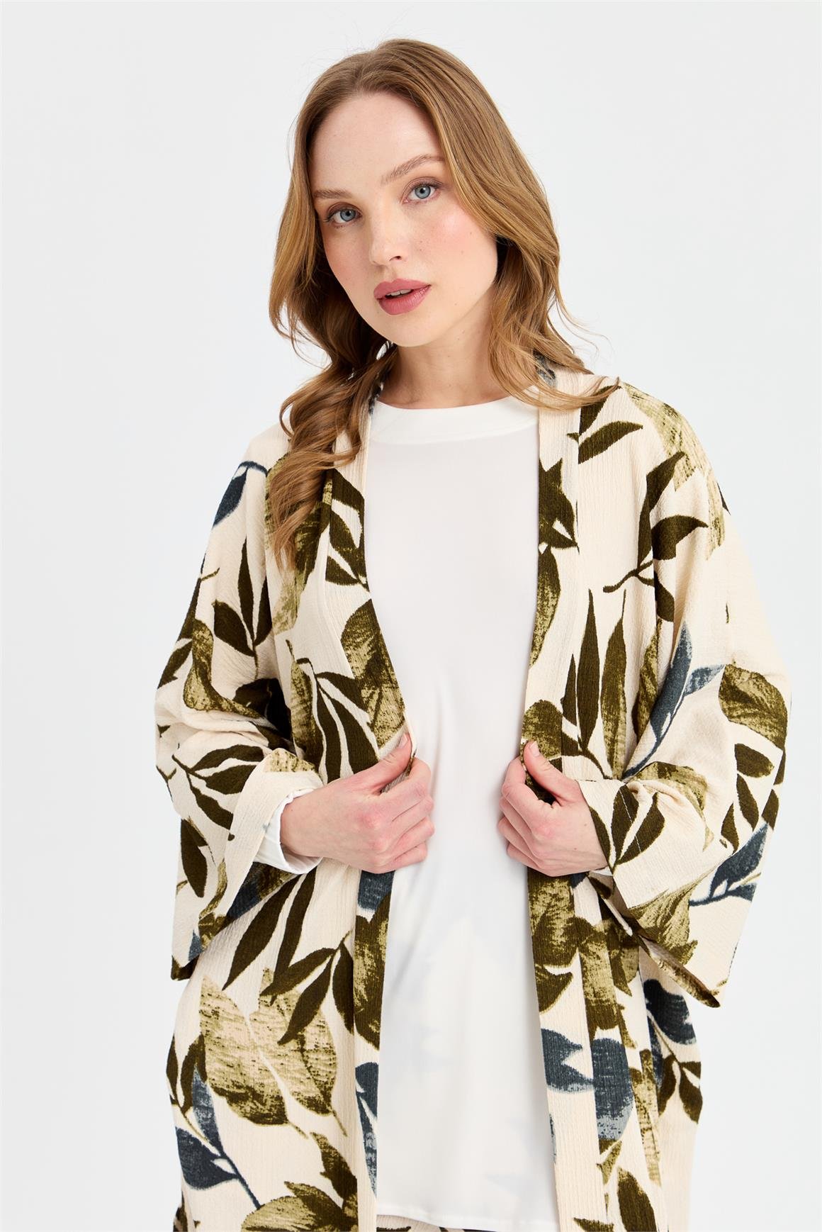 Sarmaşık Desen Baskılı Kimono Takım  Haki