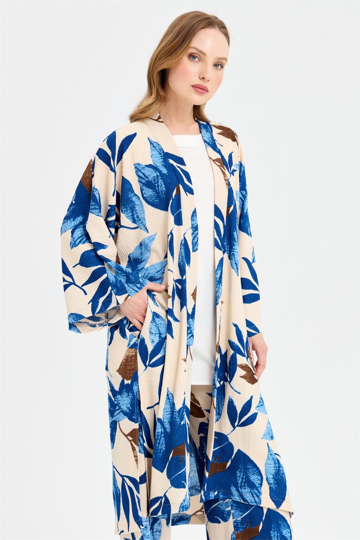 Sarmaşık Desen Baskılı Kimono Takım  Mavi