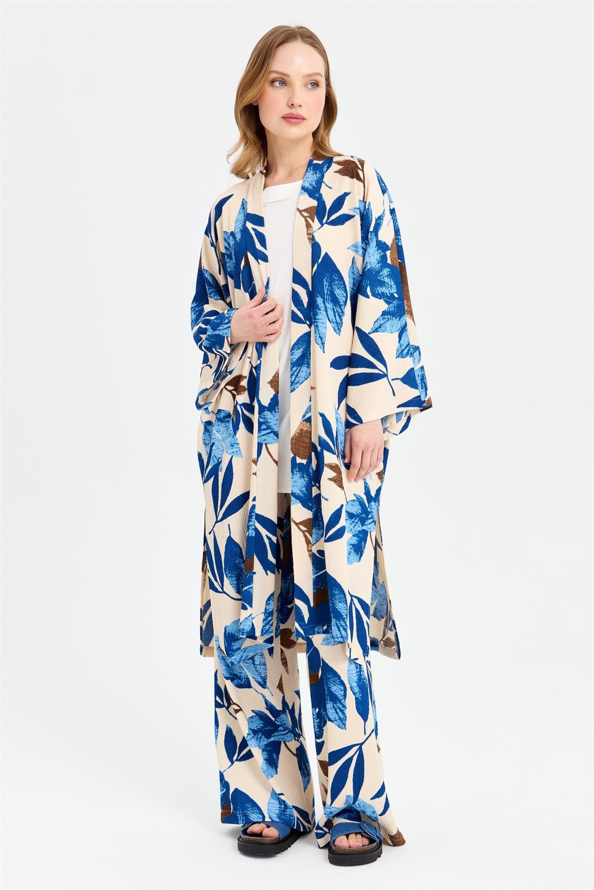 Sarmaşık Desen Baskılı Kimono Takım  Mavi