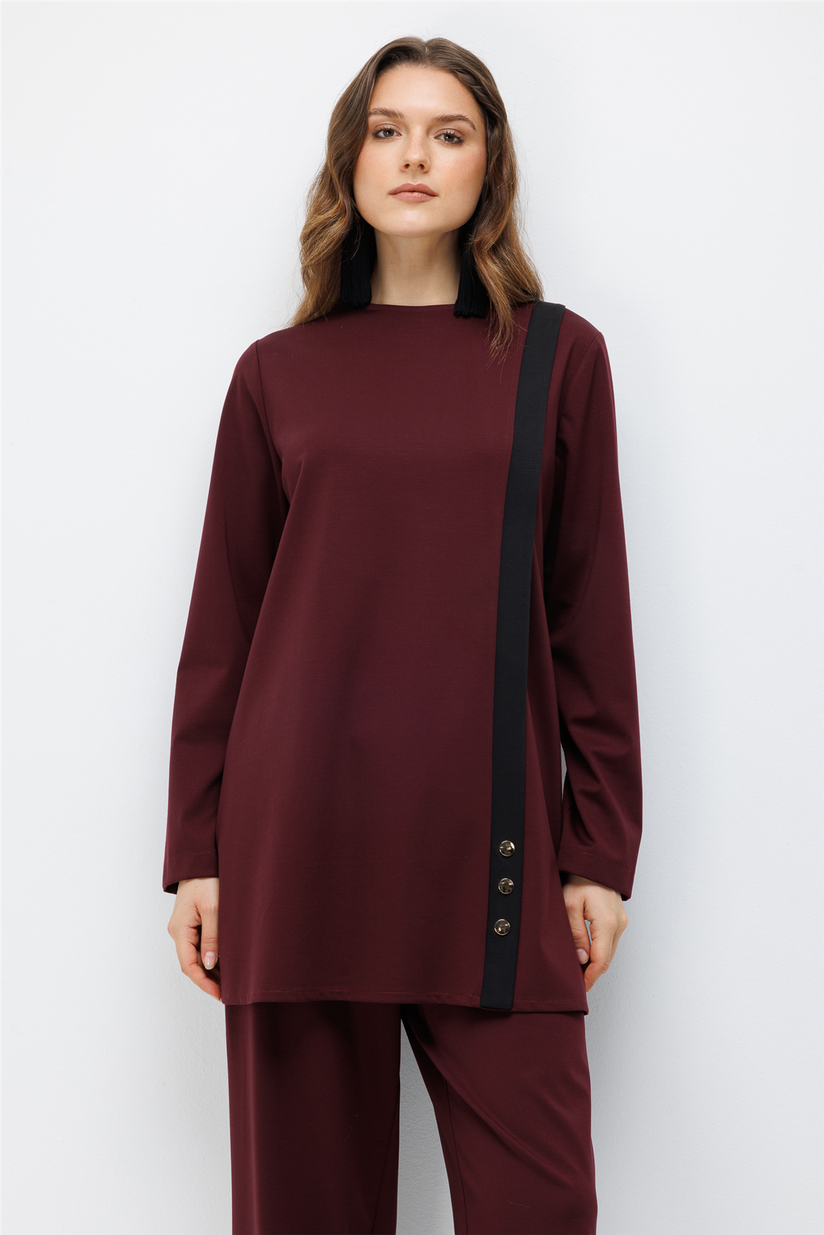 Şerit Detaylı Pantolonlu Takım  Bordo
