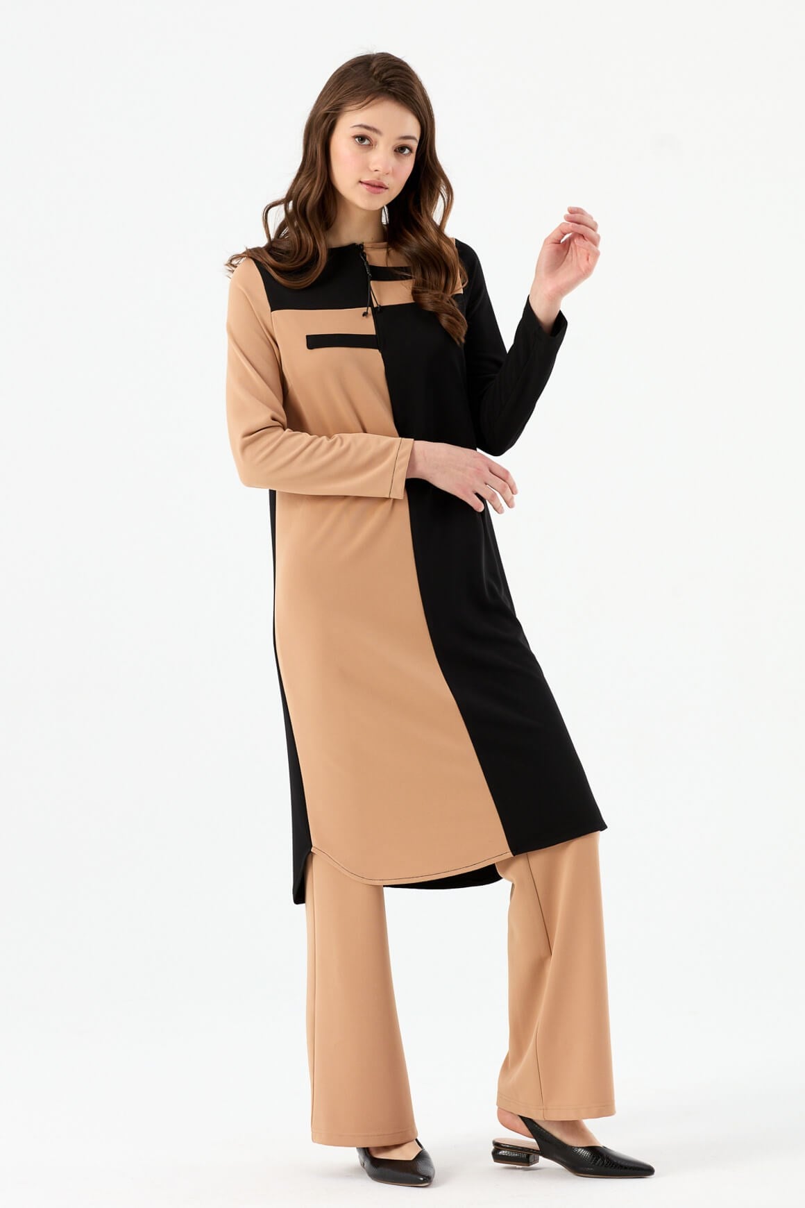 Şerit Detaylı Pantolonlu Takım  Camel
