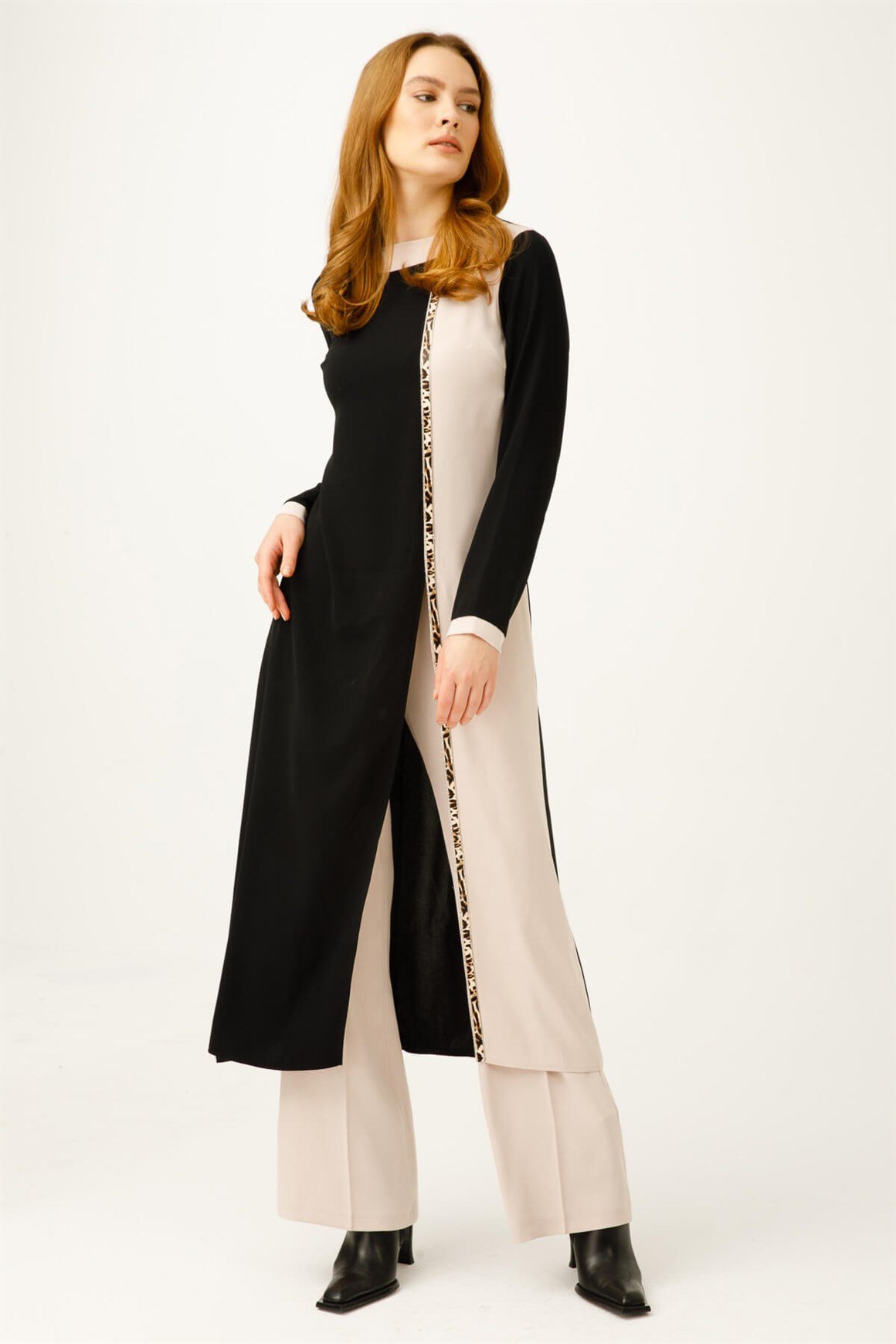 Şerit Leopar Aksesuarlı Pantolonlu Takım  Taş