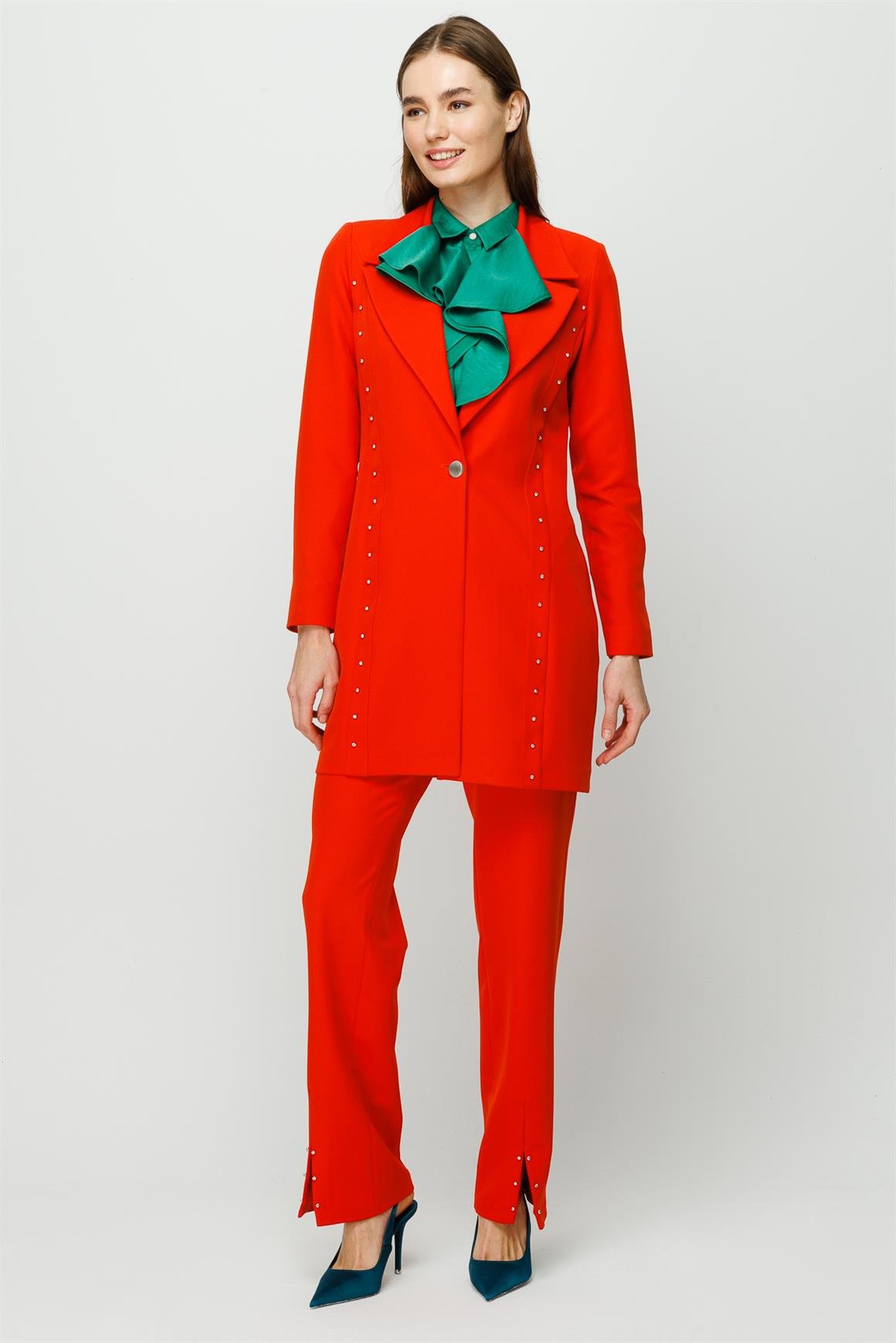 Taş İşleme Detaylı Pantolon Ceket Takım  Oranj