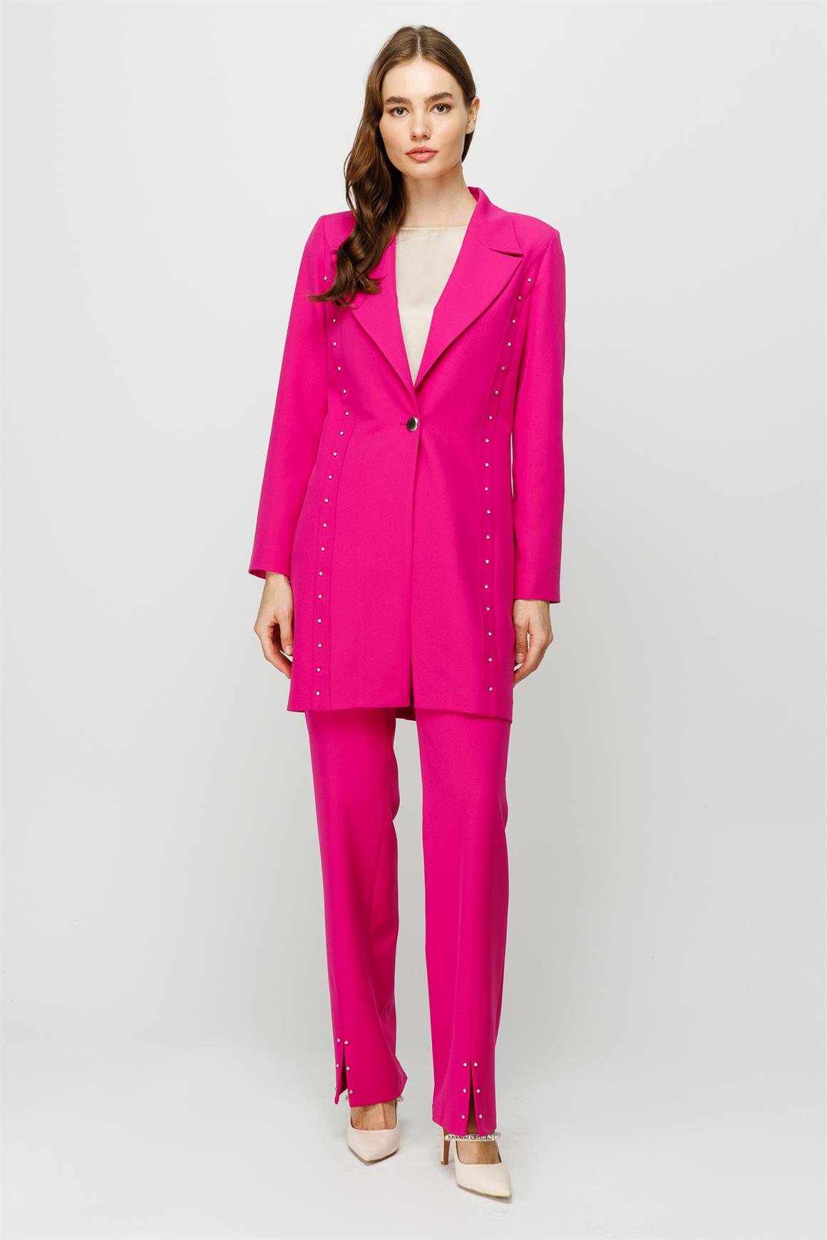 Taş İşleme Detaylı Pantolon Ceket Takım  Fuşya
