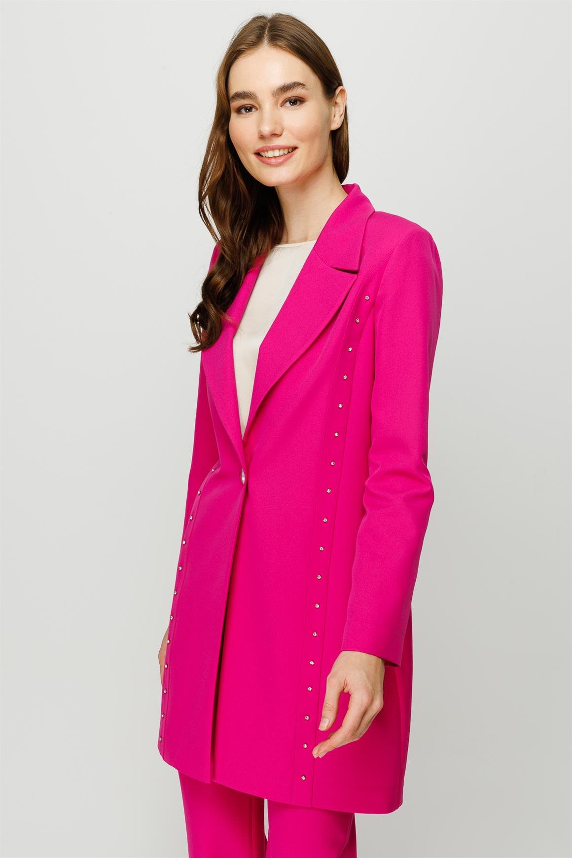 Taş İşleme Detaylı Pantolon Ceket Takım  Fuşya