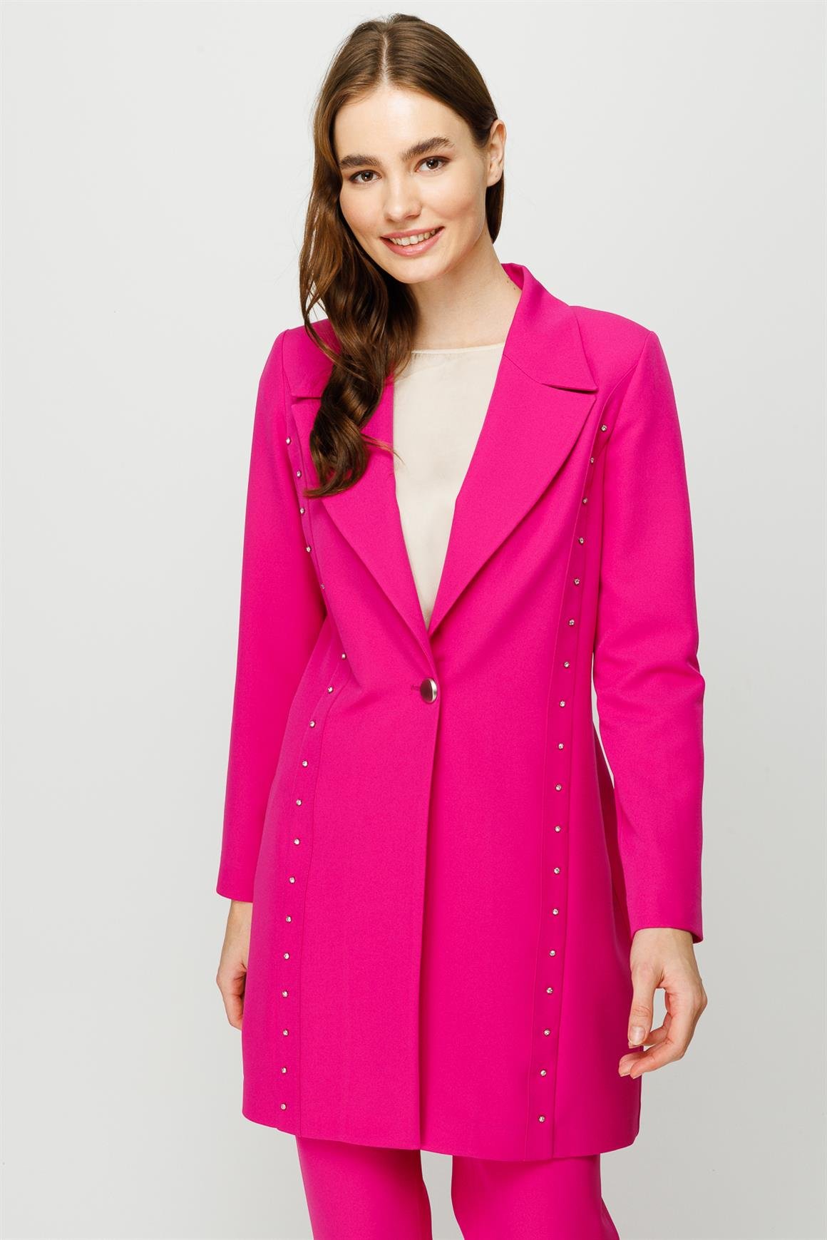 Taş İşleme Detaylı Pantolon Ceket Takım  Fuşya