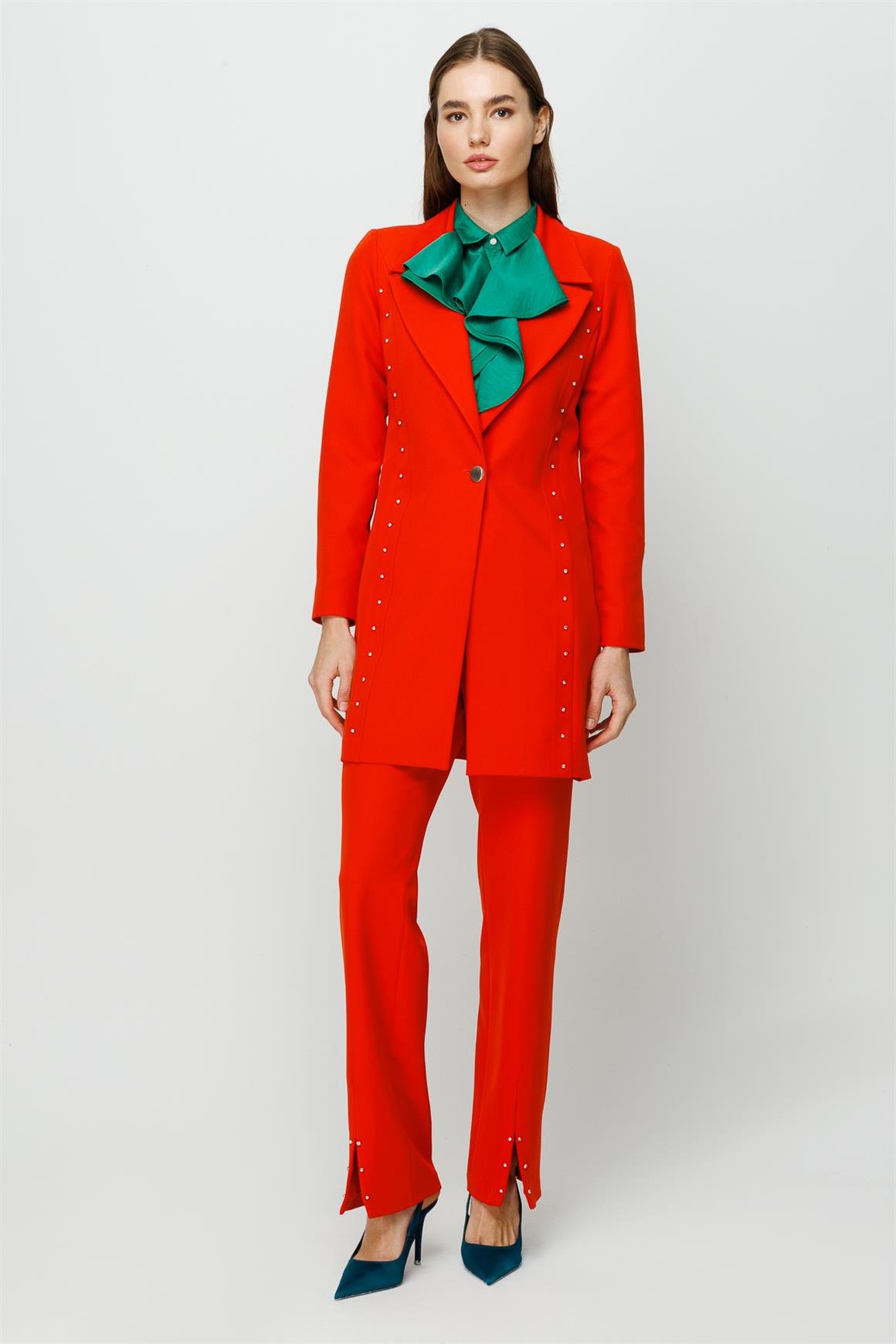 Taş İşleme Detaylı Pantolon Ceket Takım  Oranj