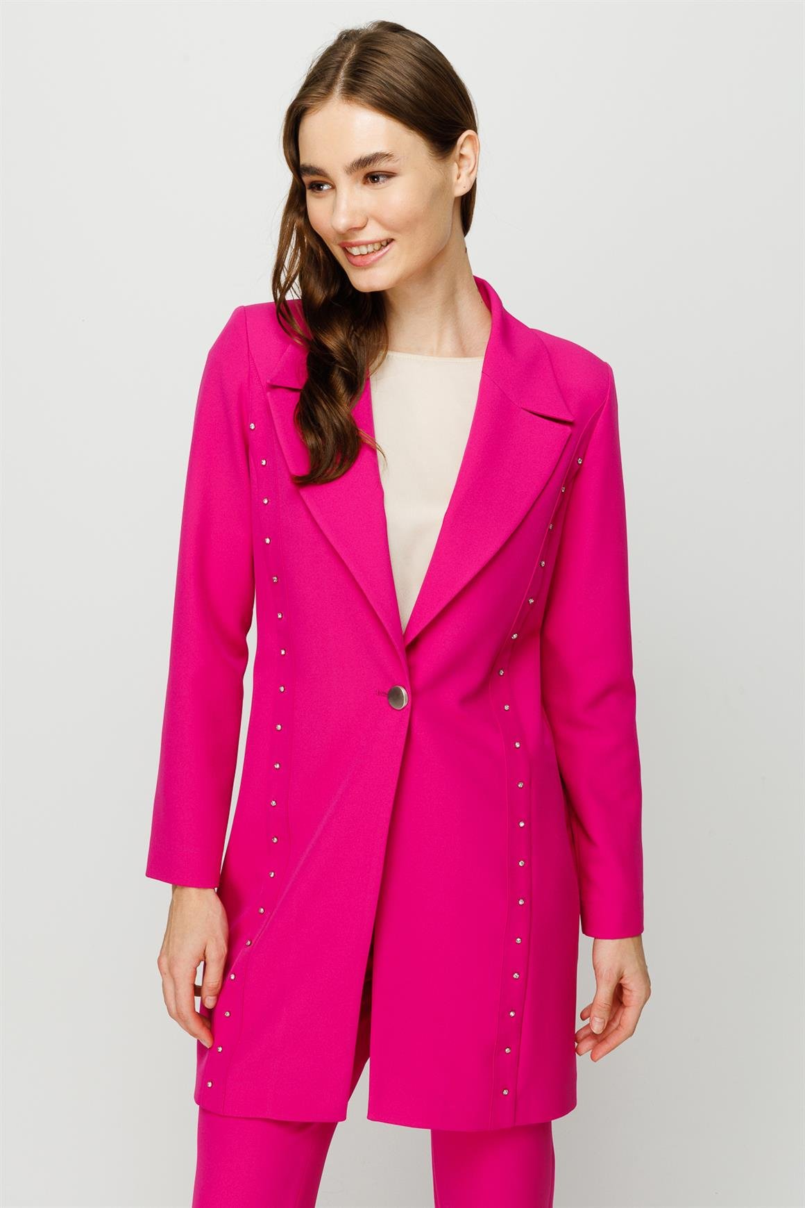 Taş İşleme Detaylı Pantolon Ceket Takım  Fuşya