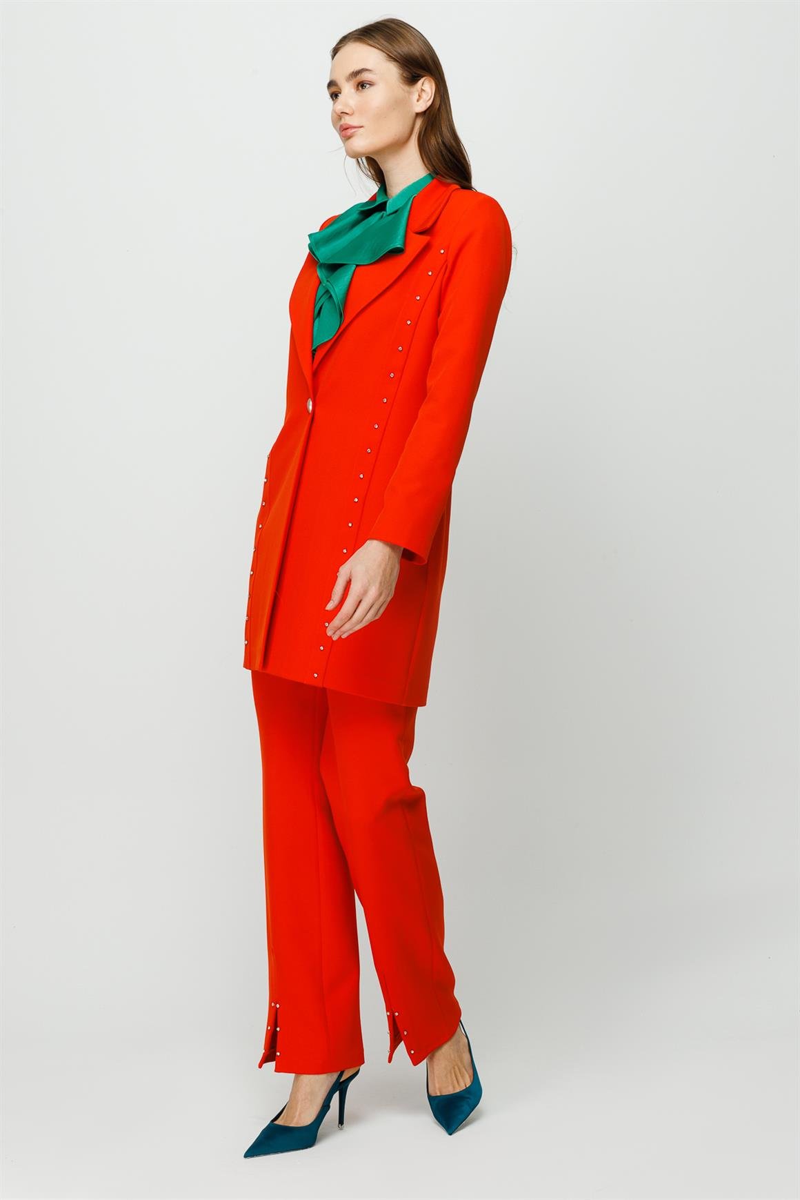 Taş İşleme Detaylı Pantolon Ceket Takım  Oranj