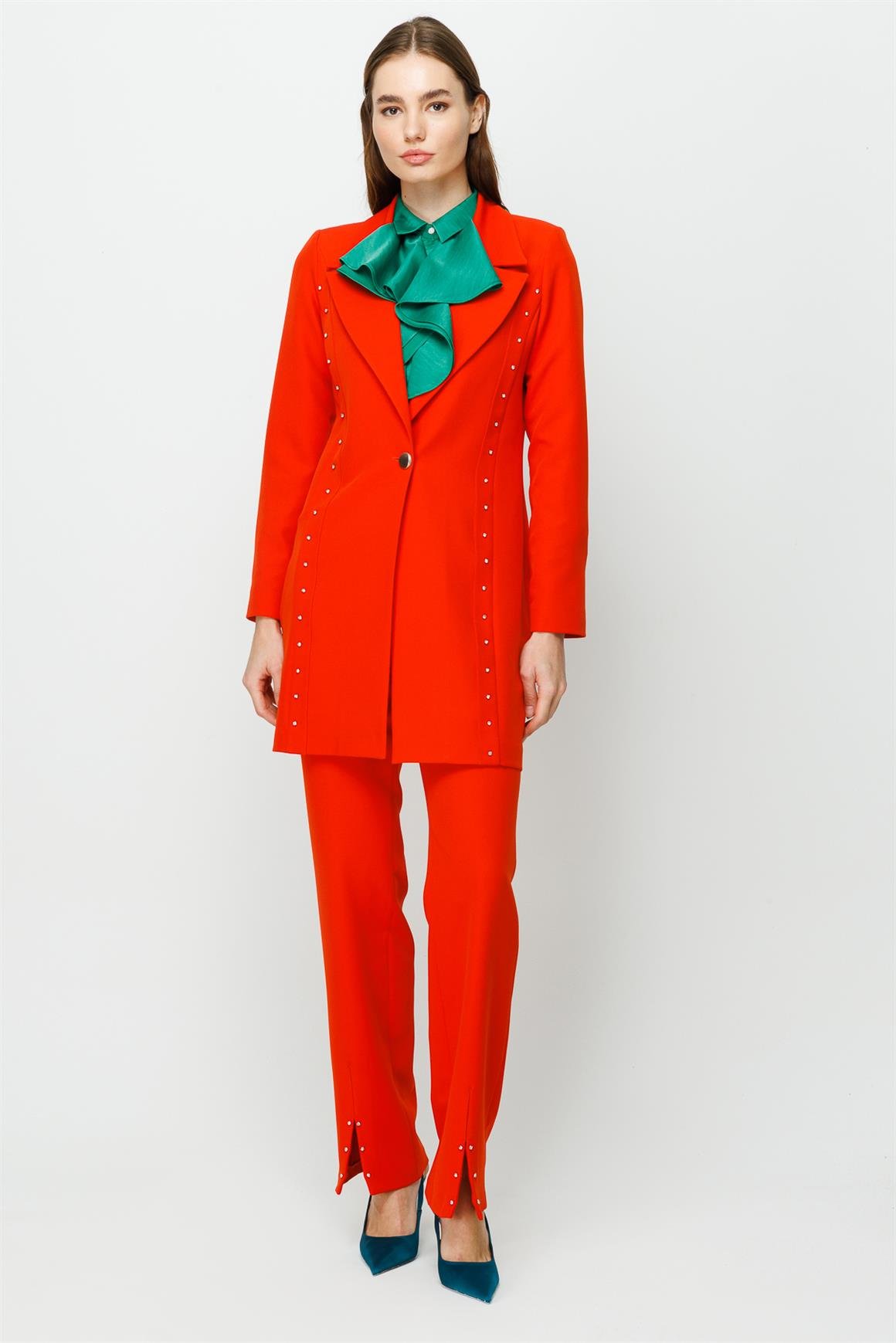 Taş İşleme Detaylı Pantolon Ceket Takım  Oranj