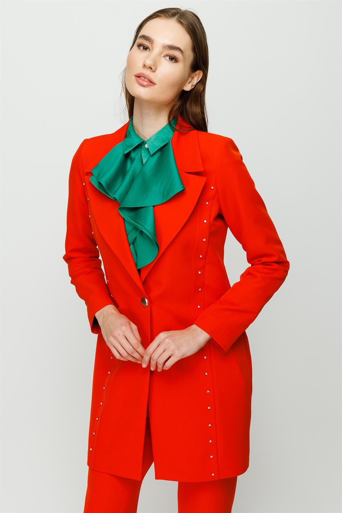 Taş İşleme Detaylı Pantolon Ceket Takım  Oranj