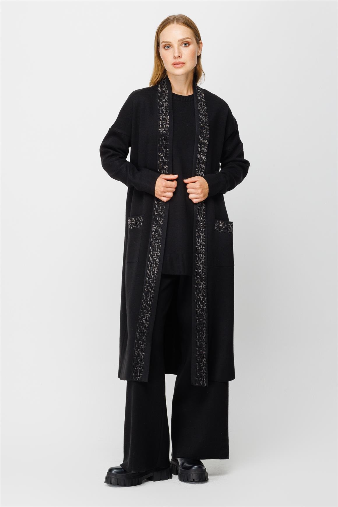 Taş Yapıştırmalı Şal Yaka Üçlü Takım  Siyah