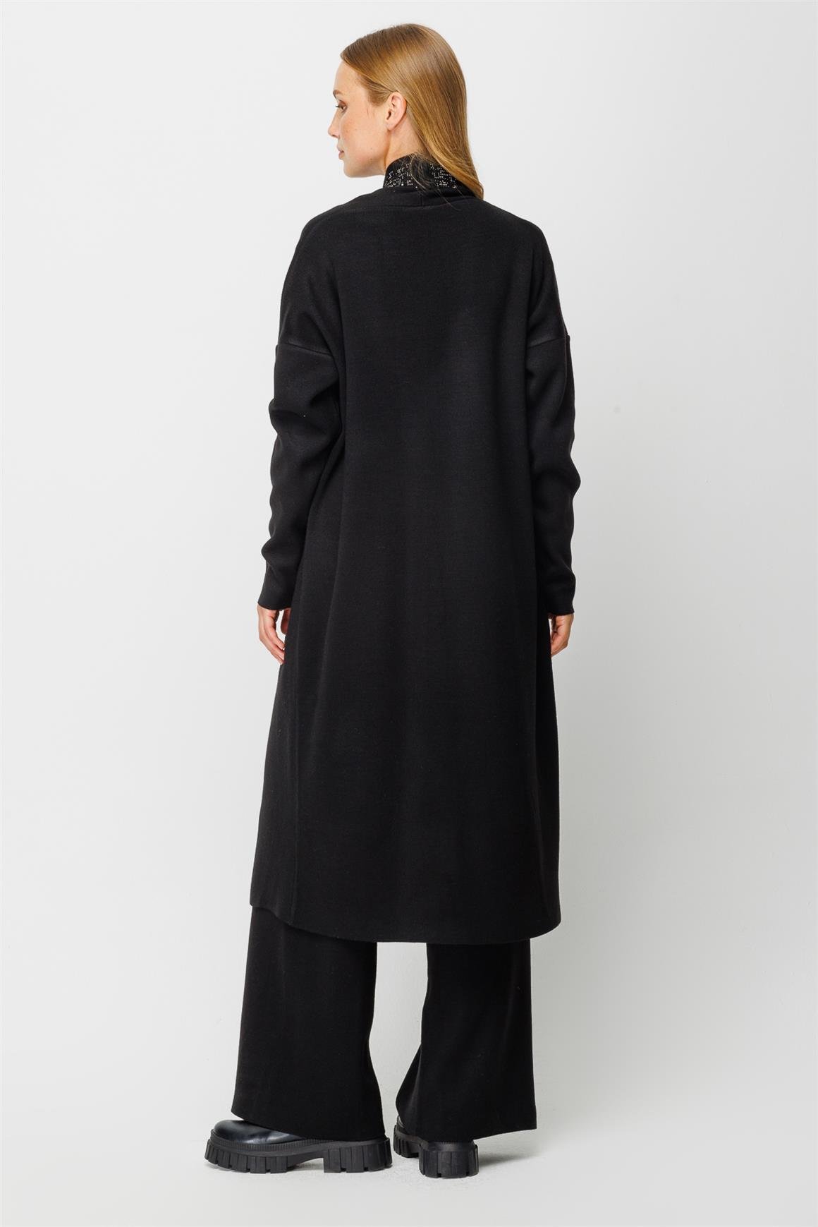 Taş Yapıştırmalı Şal Yaka Üçlü Takım  Siyah