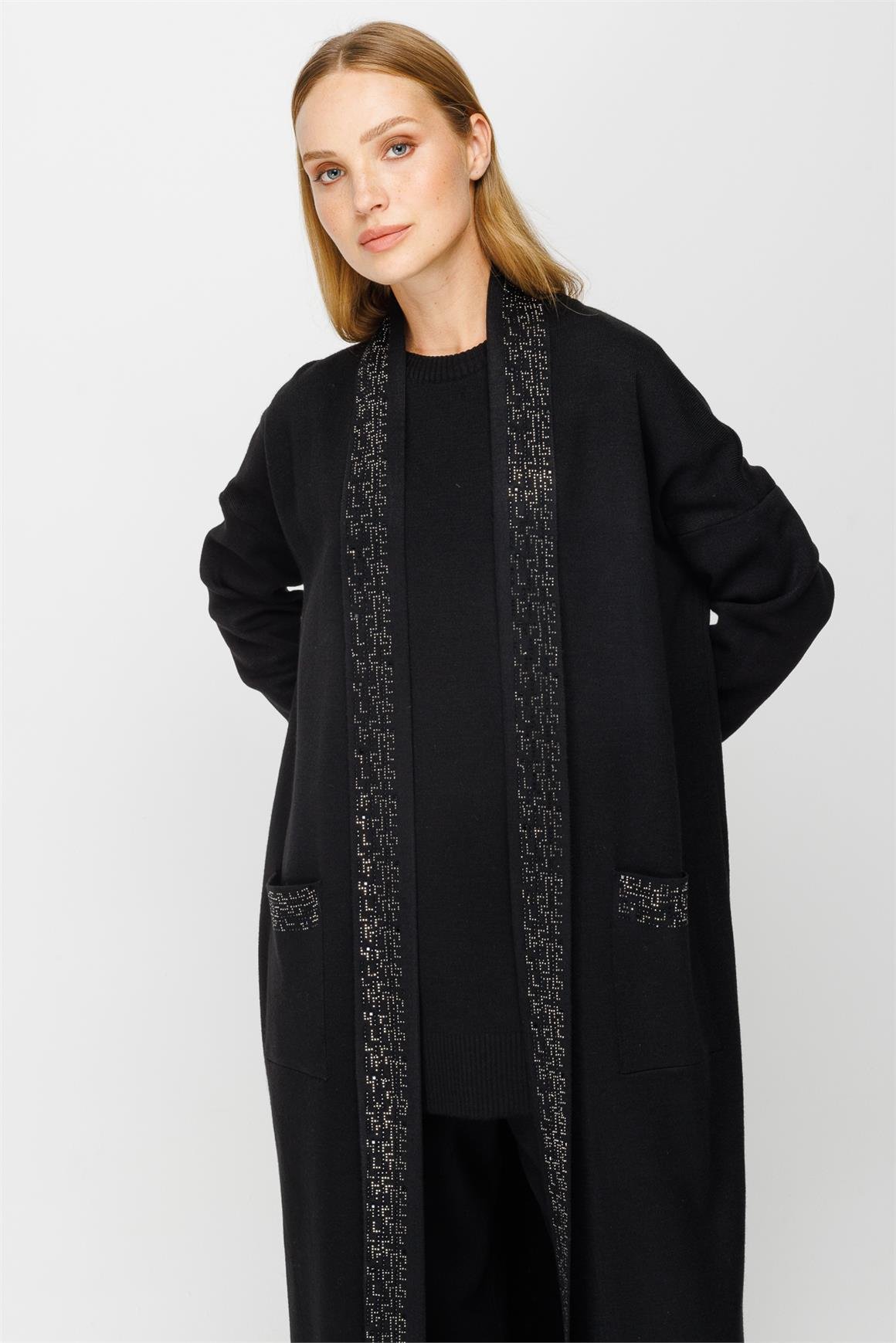 Taş Yapıştırmalı Şal Yaka Üçlü Takım  Siyah