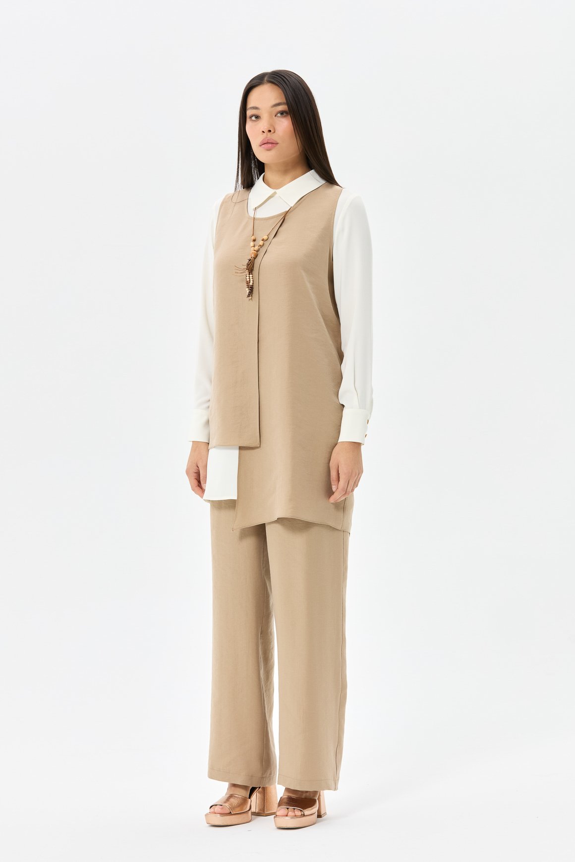 Tencel Kumaş Üçlü Takım Kolyeli  Vizon