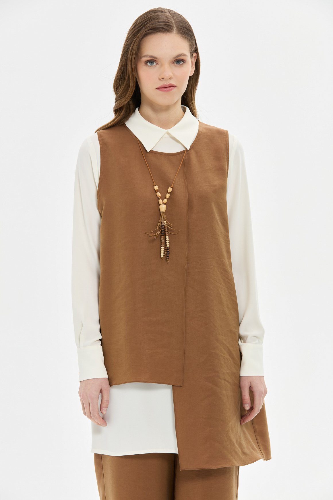 Tencel Kumaş Üçlü Takım Kolyeli  Kahve
