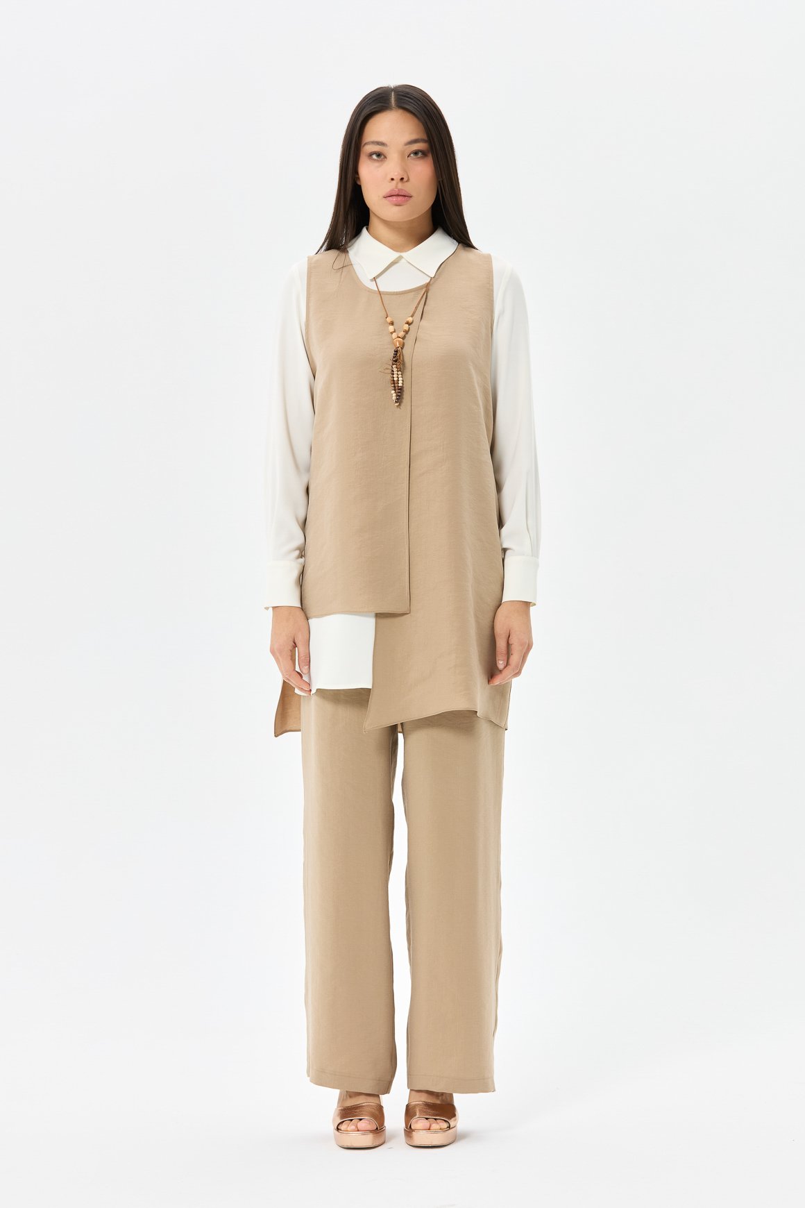 Tencel Kumaş Üçlü Takım Kolyeli  Vizon