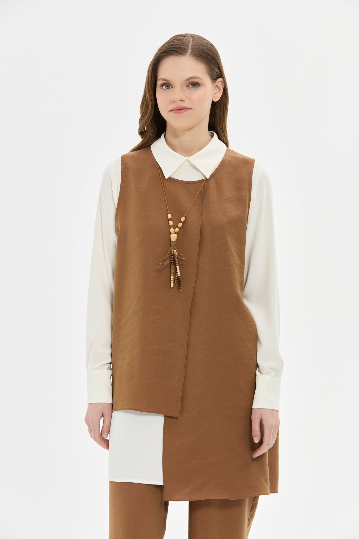 Tencel Kumaş Üçlü Takım Kolyeli  Kahve