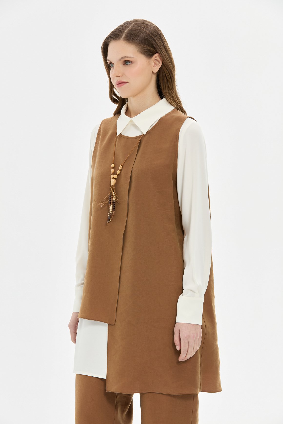 Tencel Kumaş Üçlü Takım Kolyeli  Kahve