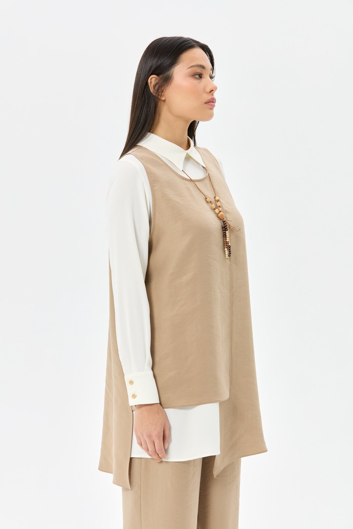 Tencel Kumaş Üçlü Takım Kolyeli  Vizon