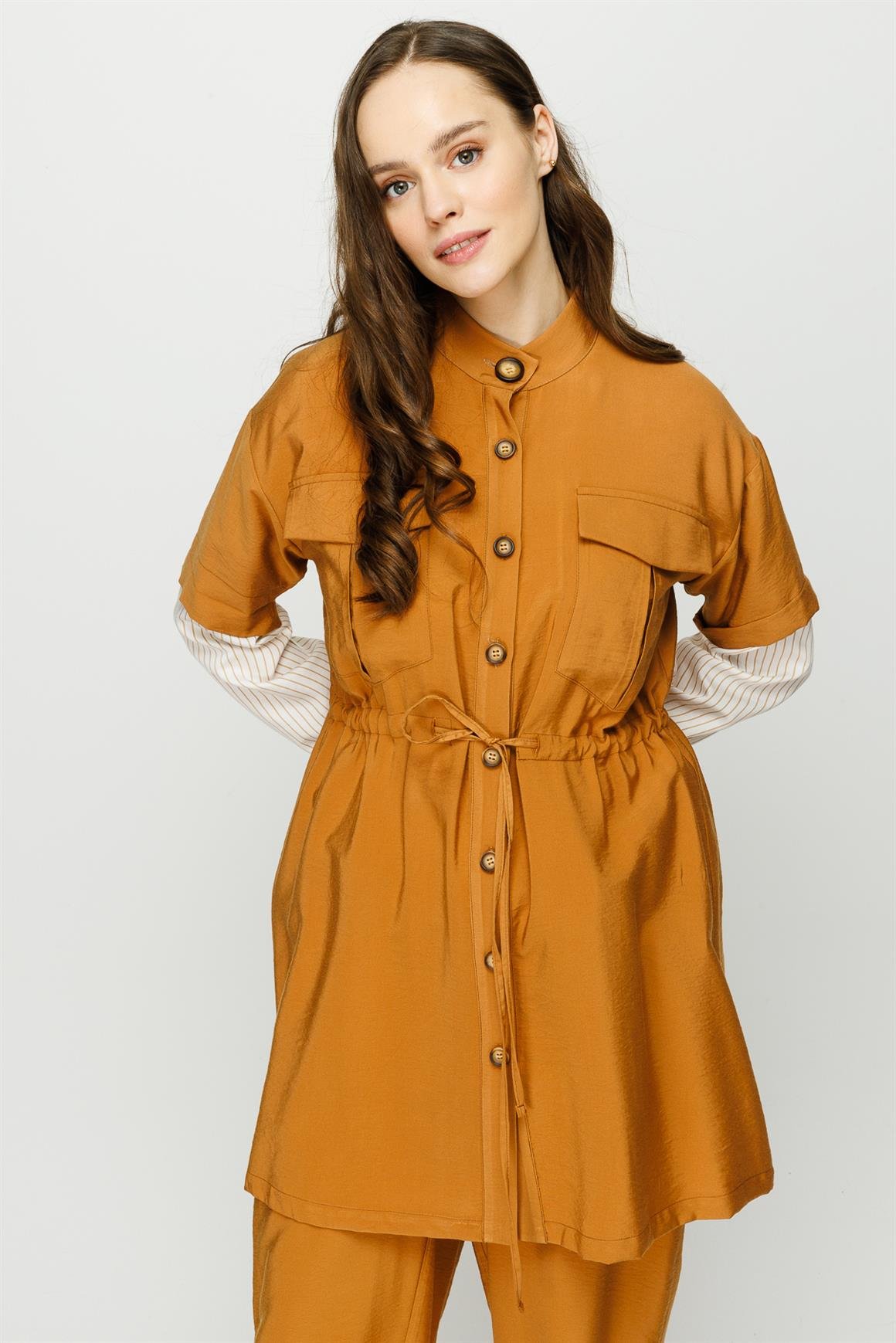 Viskon Kumaş Safari Ceket Pantolon Takım  Taba