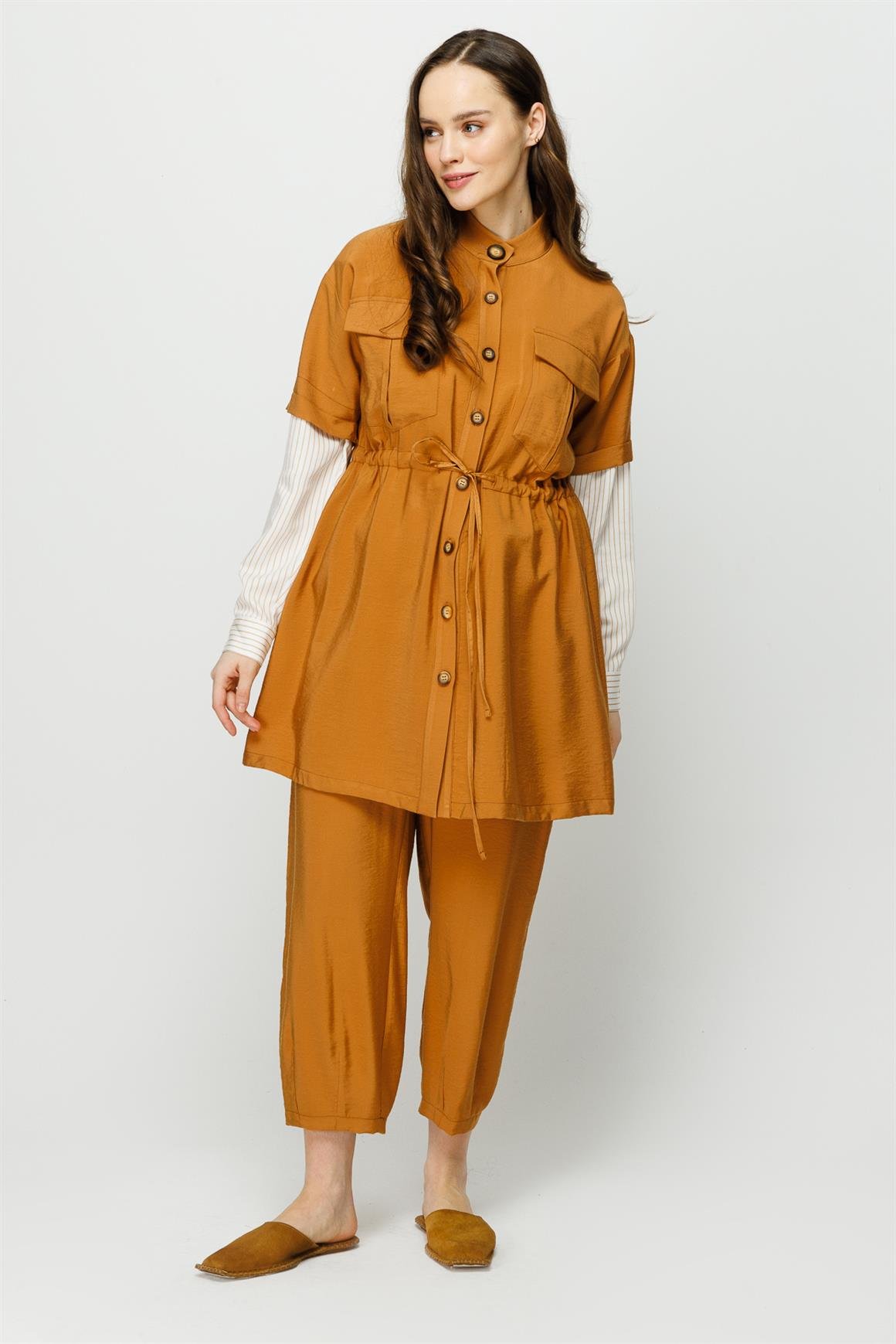 Viskon Kumaş Safari Ceket Pantolon Takım  Taba