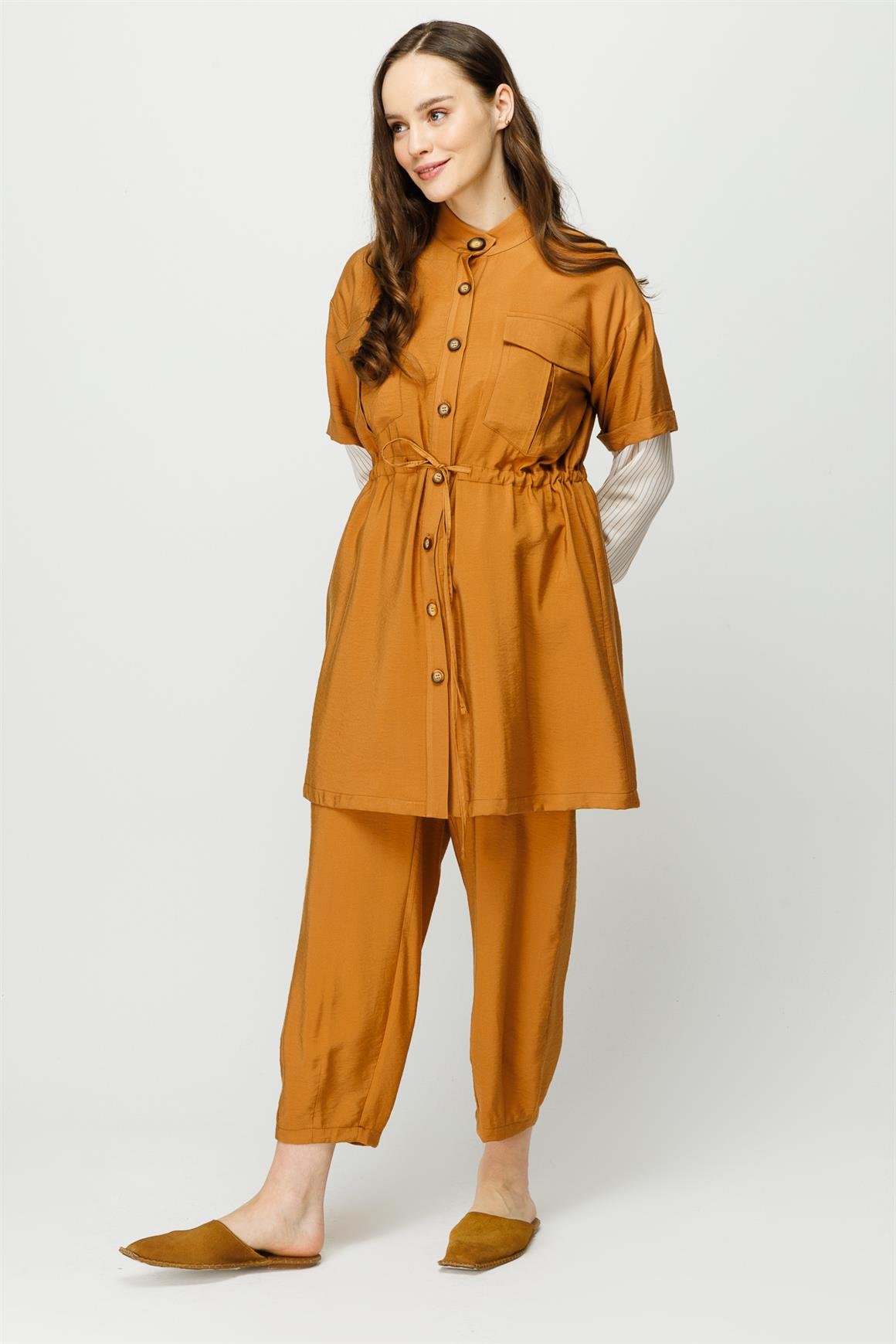 Viskon Kumaş Safari Ceket Pantolon Takım  Taba