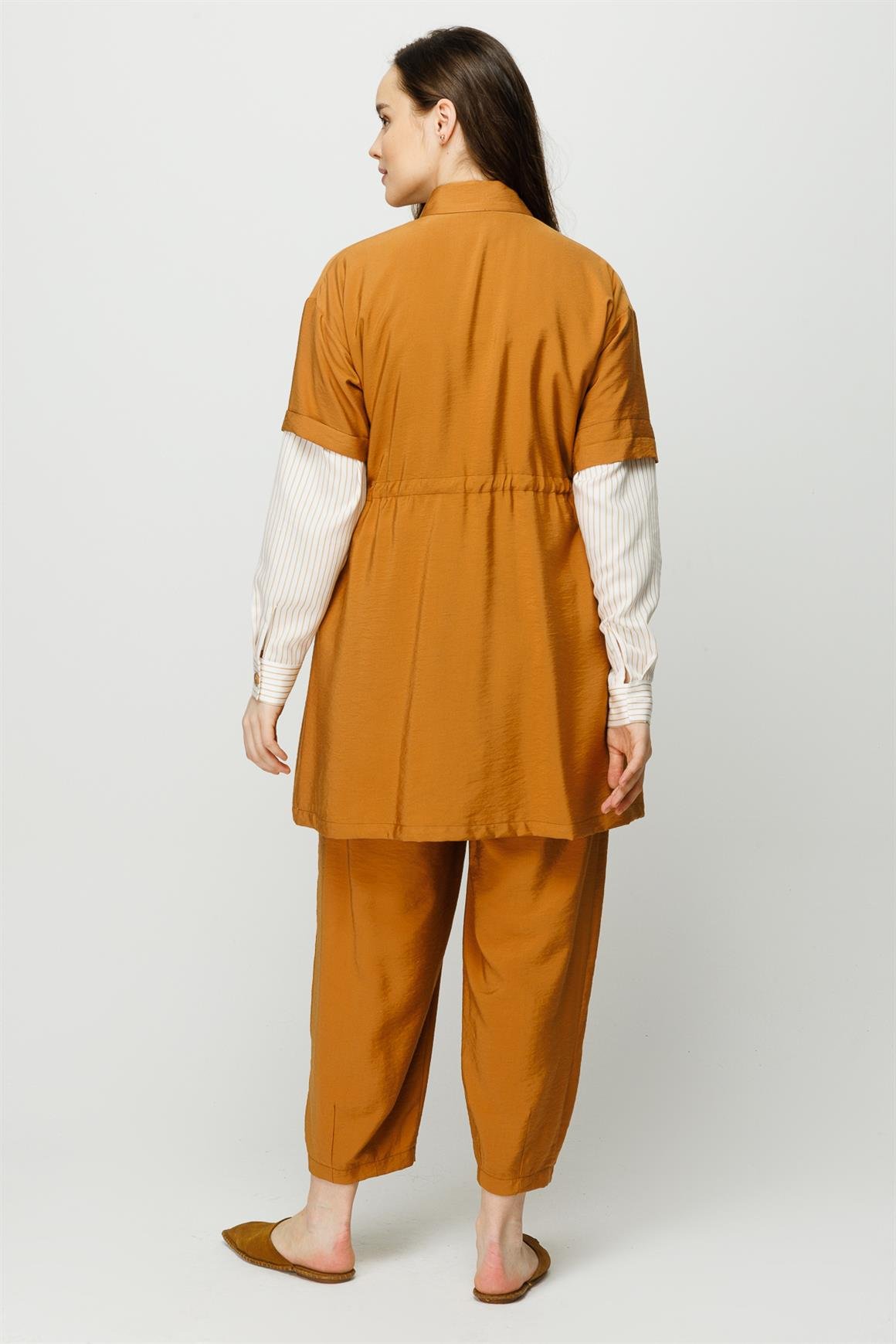 Viskon Kumaş Safari Ceket Pantolon Takım  Taba