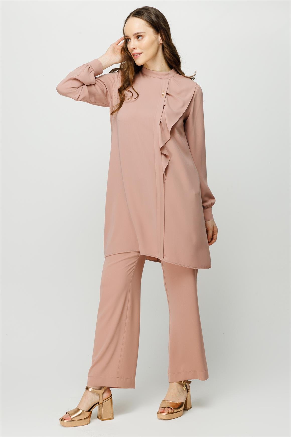 Volan Detaylı Pantolon Tunik Takım  Pudra