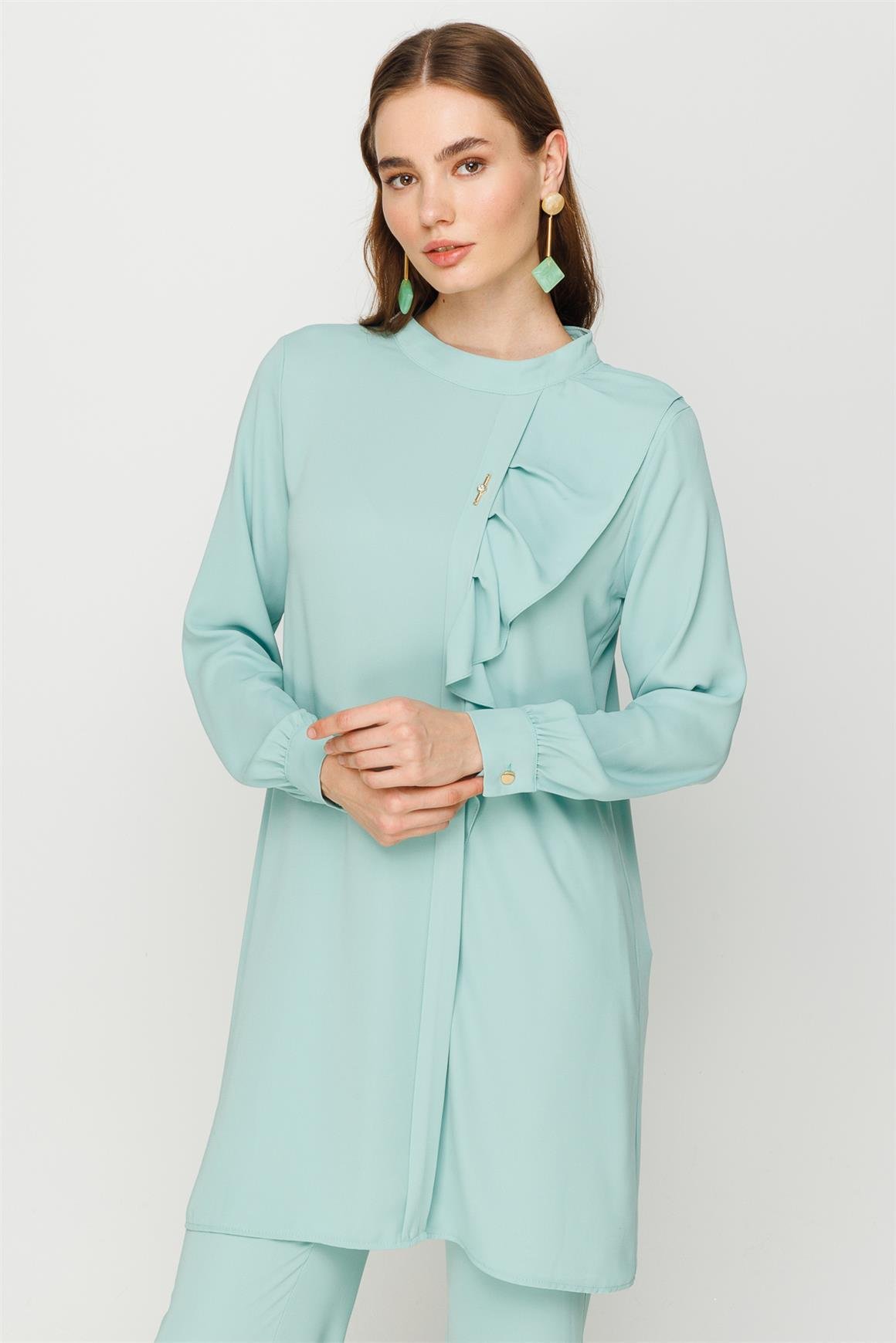 Volan Detaylı Pantolon Tunik Takım  Mint