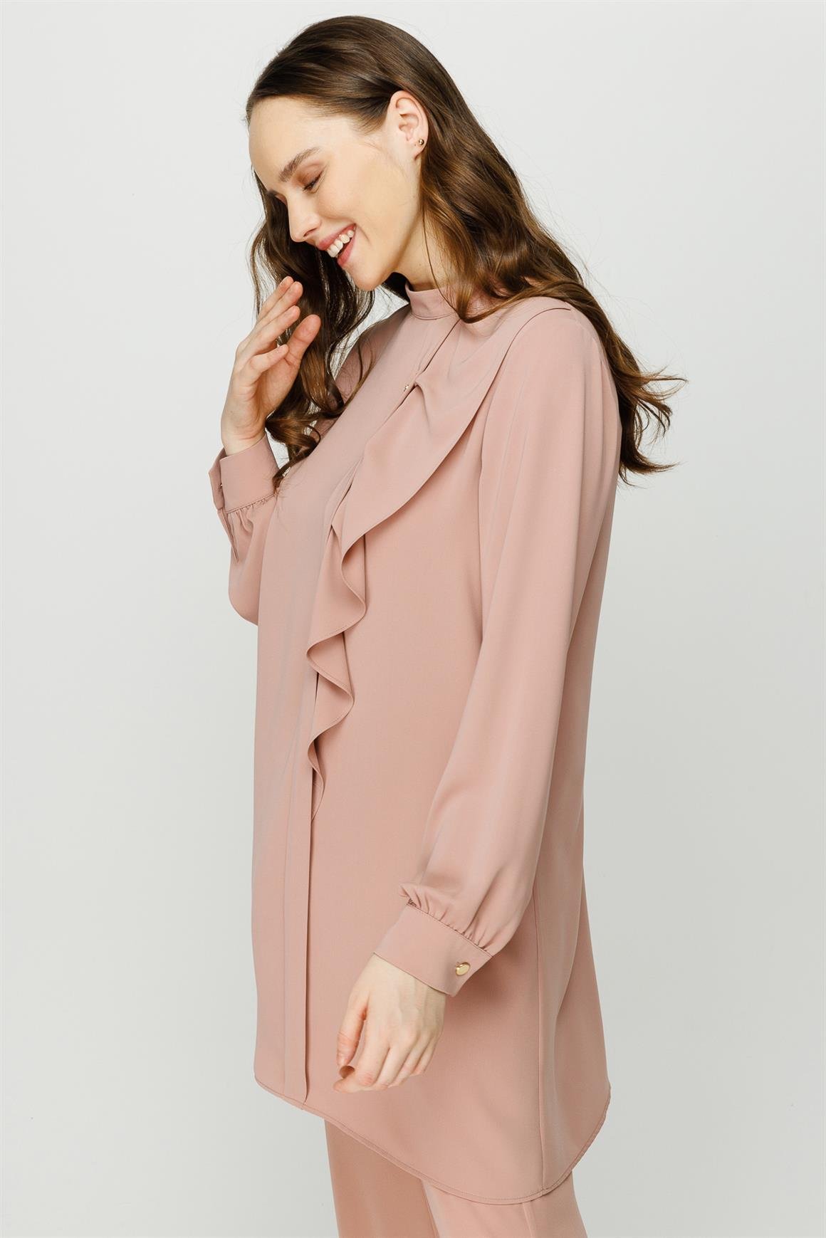 Volan Detaylı Pantolon Tunik Takım  Pudra