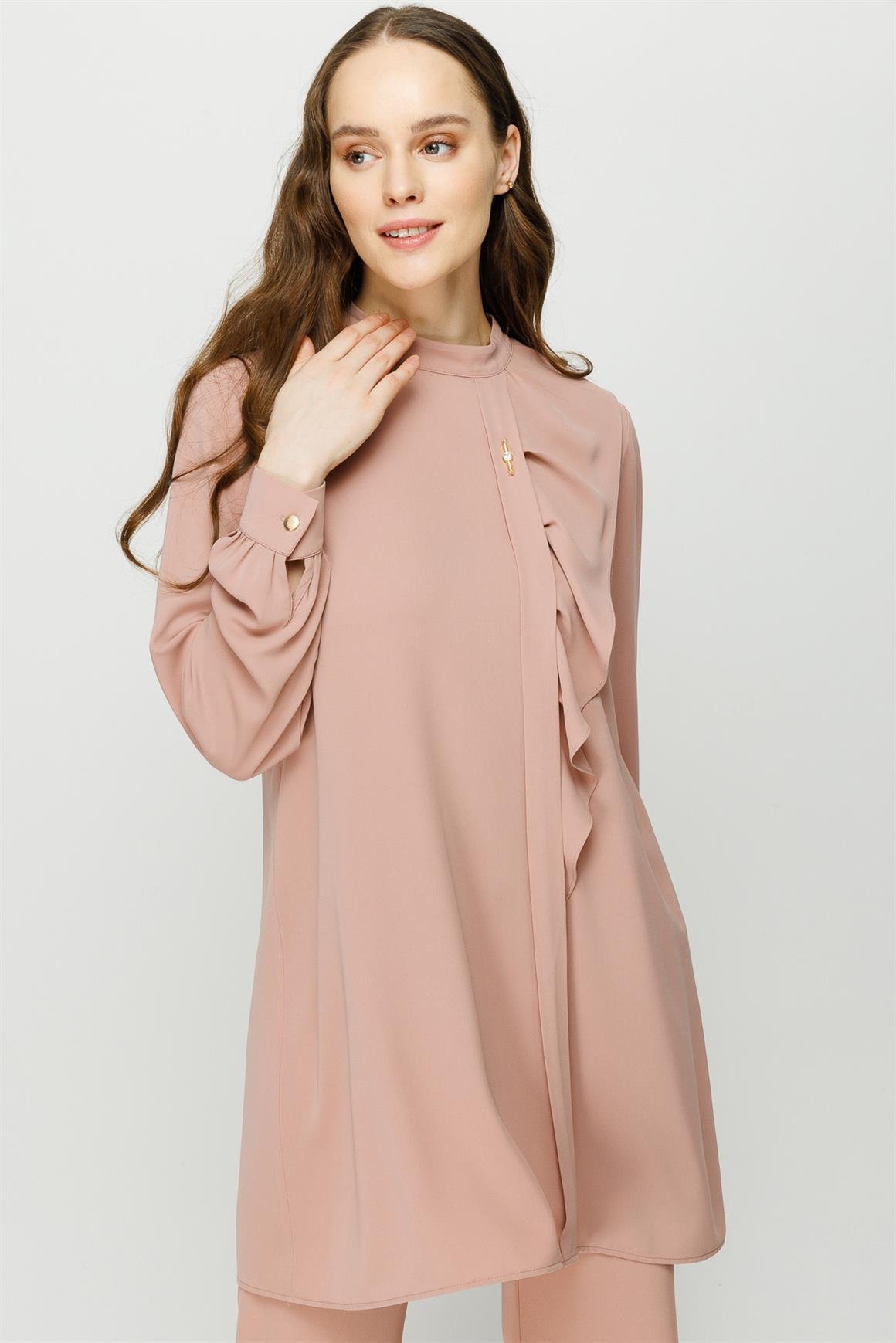 Volan Detaylı Pantolon Tunik Takım  Pudra