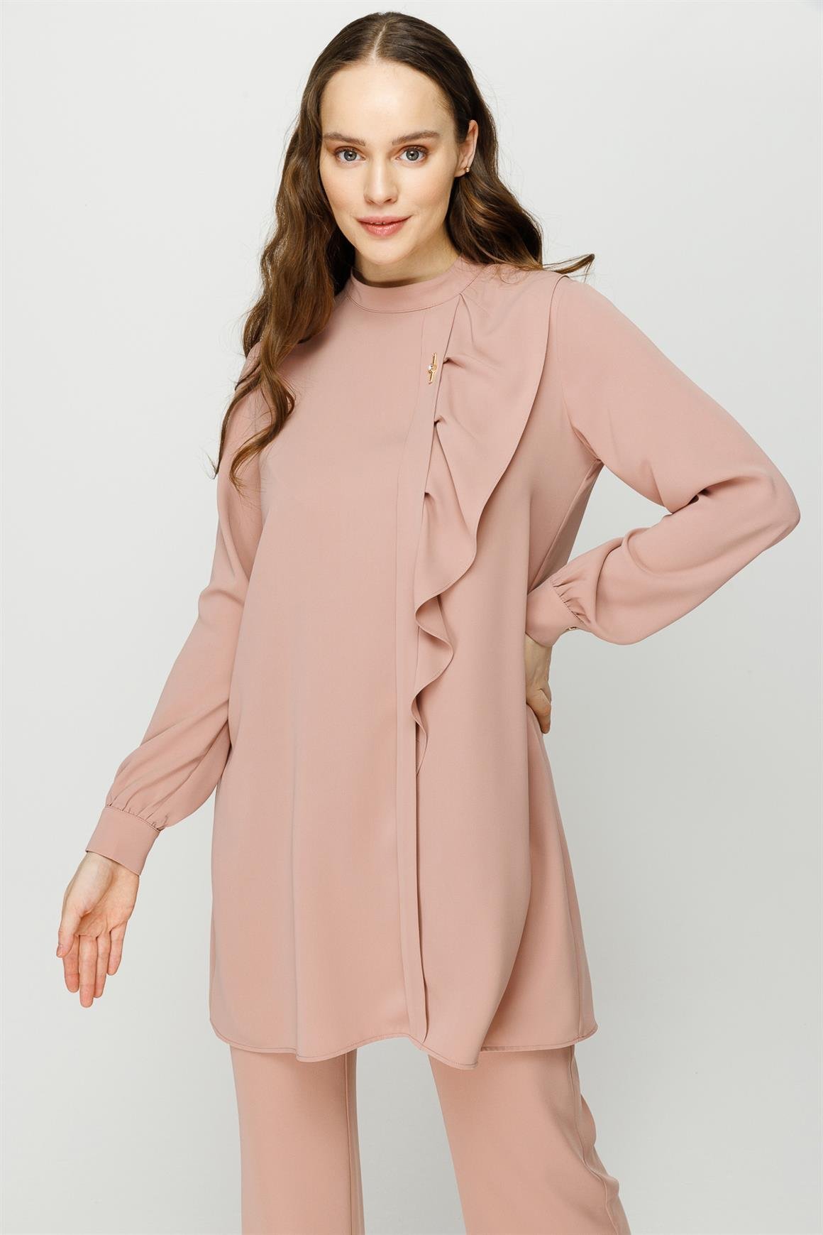 Volan Detaylı Pantolon Tunik Takım  Pudra