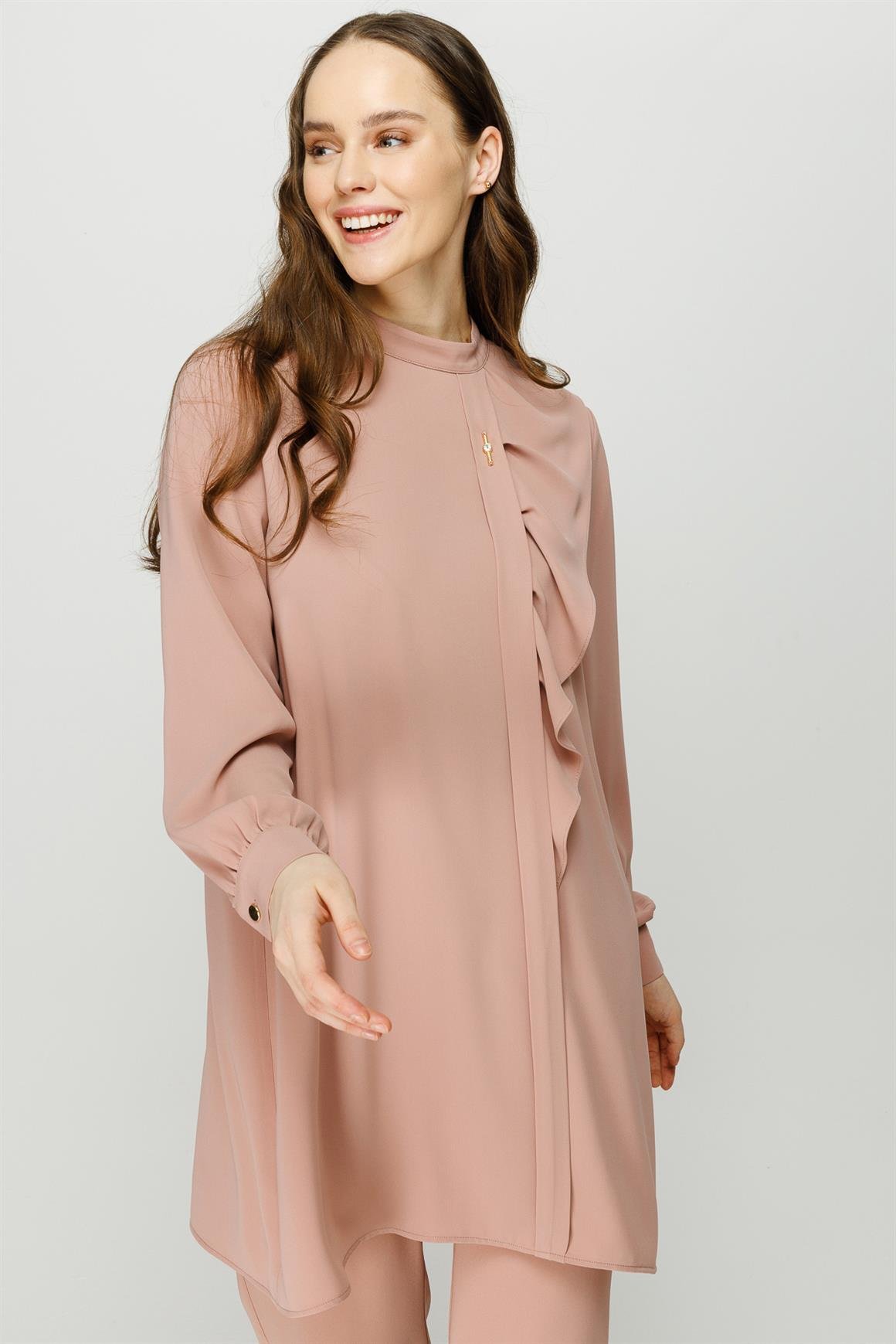 Volan Detaylı Pantolon Tunik Takım  Pudra