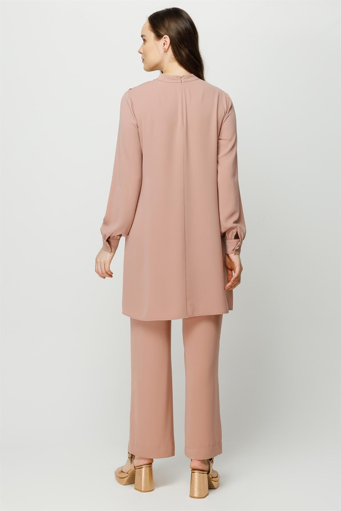 Volan Detaylı Pantolon Tunik Takım  Pudra