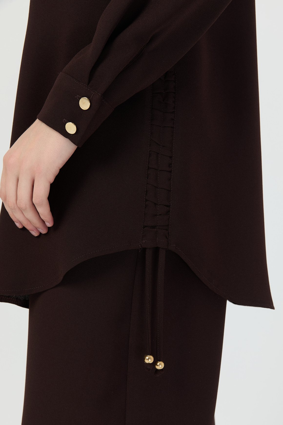 Yandan Büzgü Detaylı Pantolonlu Takım  Kahve