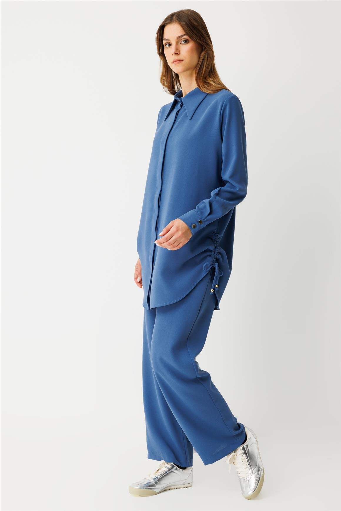 Yandan Büzgü Detaylı Pantolonlu Takım  İndigo