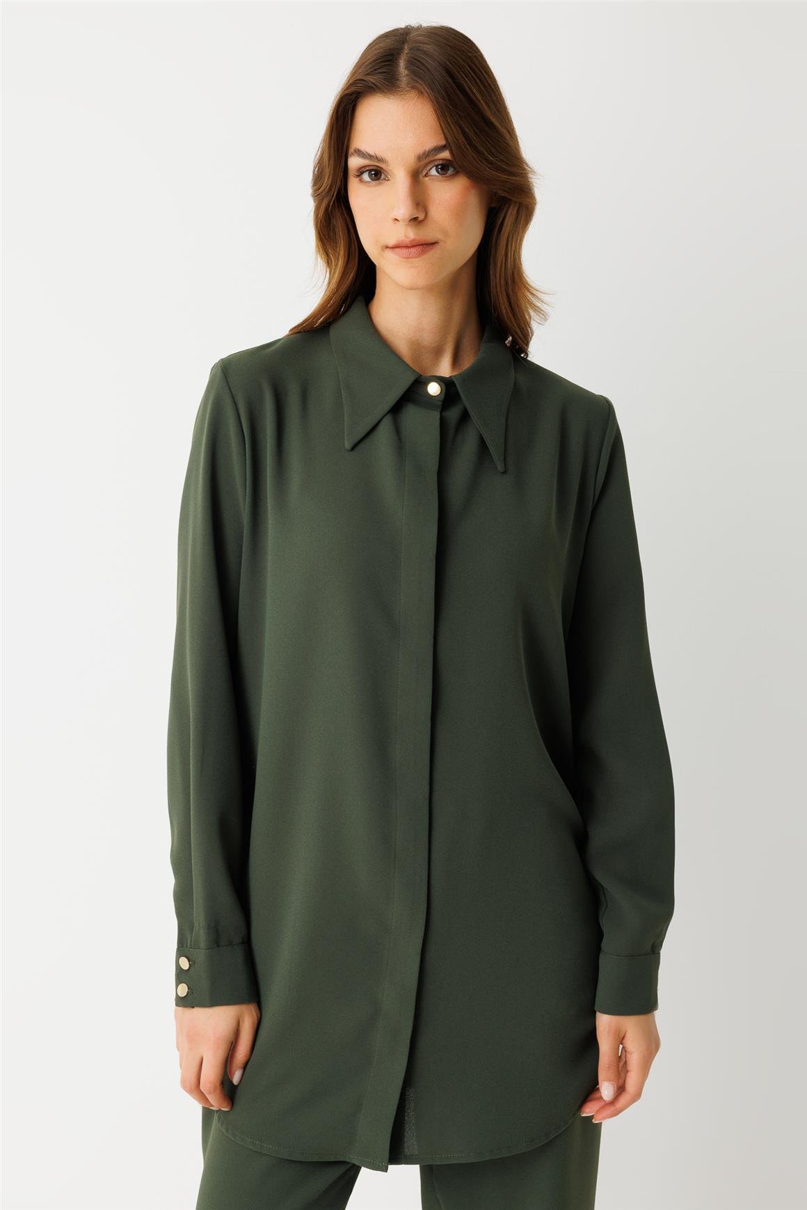 Yandan Büzgü Detaylı Pantolonlu Takım  Haki