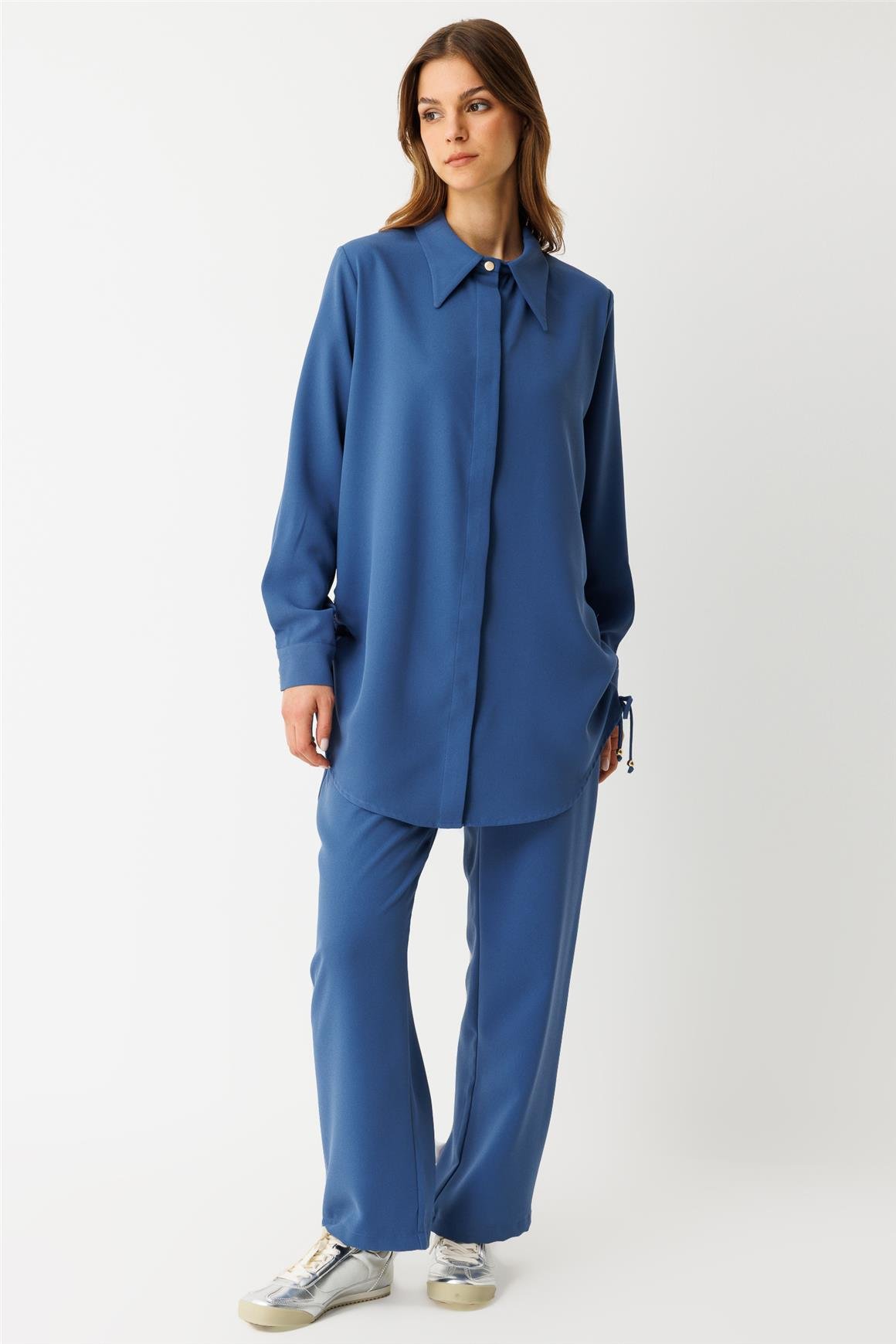 Yandan Büzgü Detaylı Pantolonlu Takım  İndigo