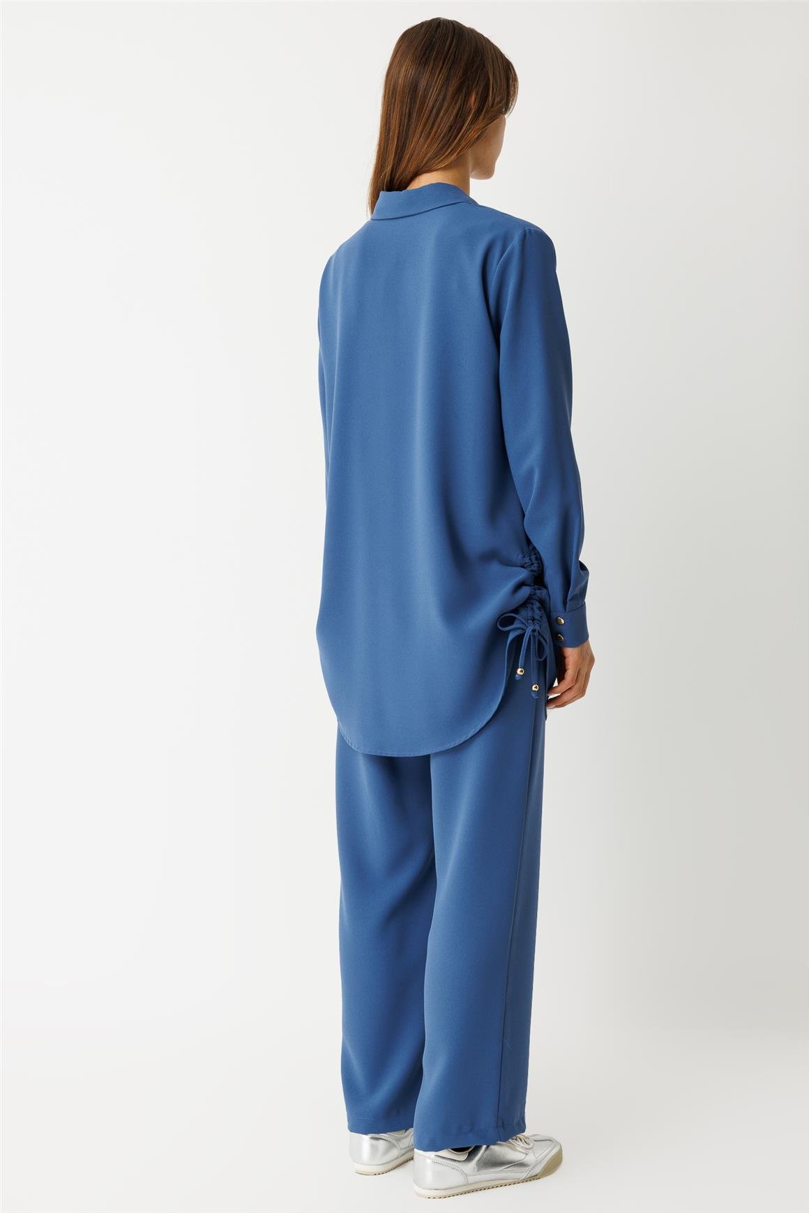 Yandan Büzgü Detaylı Pantolonlu Takım  İndigo