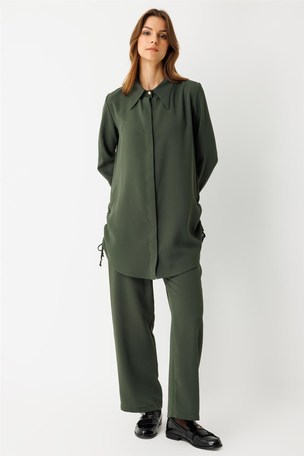 Yandan Büzgü Detaylı Pantolonlu Takım  Haki