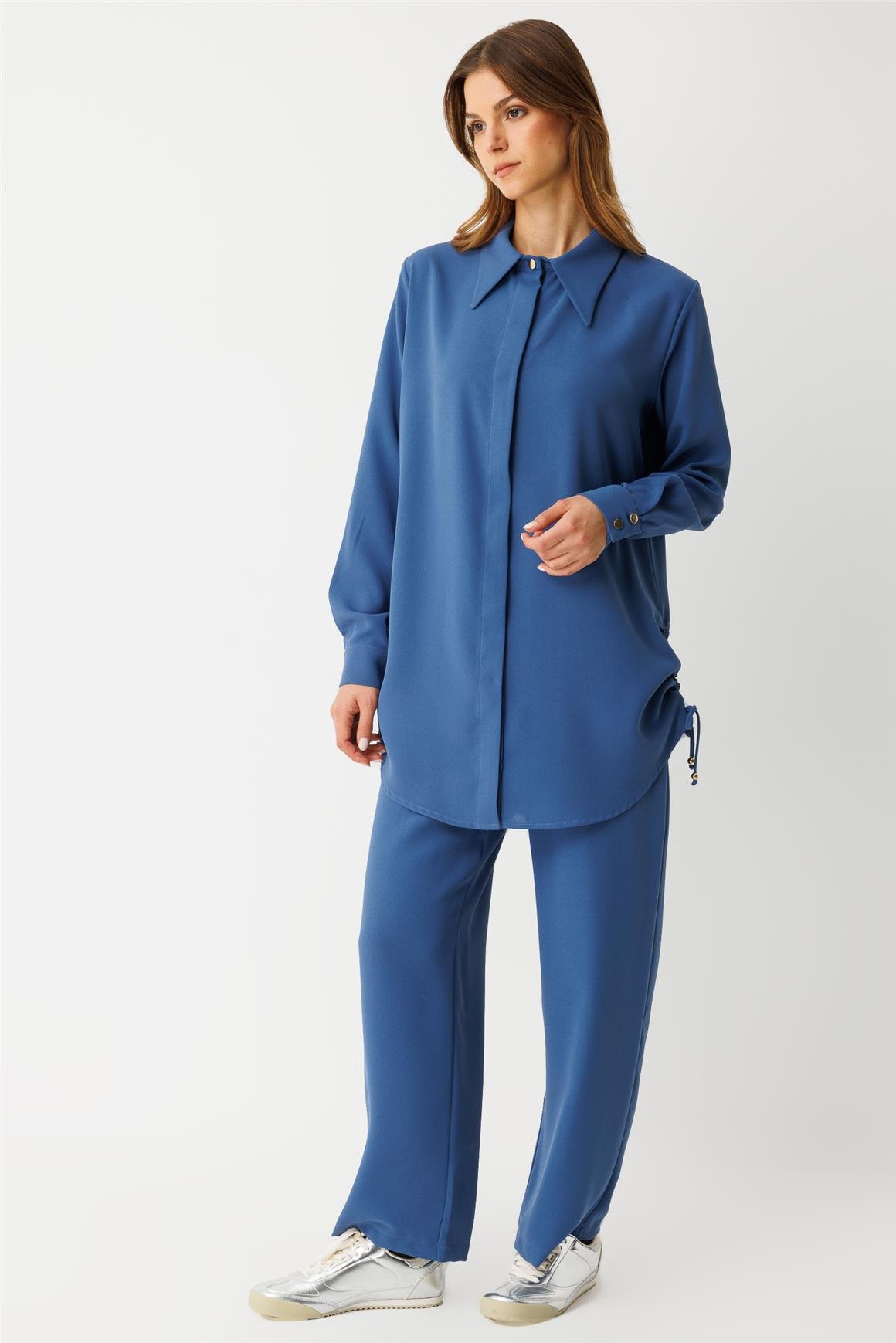 Yandan Büzgü Detaylı Pantolonlu Takım  İndigo