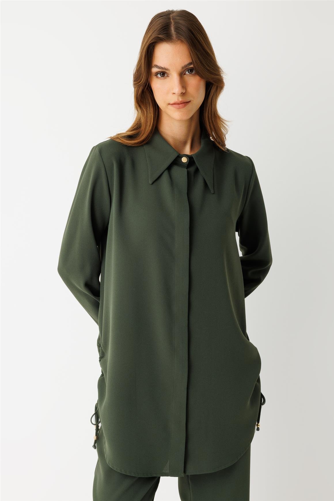 Yandan Büzgü Detaylı Pantolonlu Takım  Haki