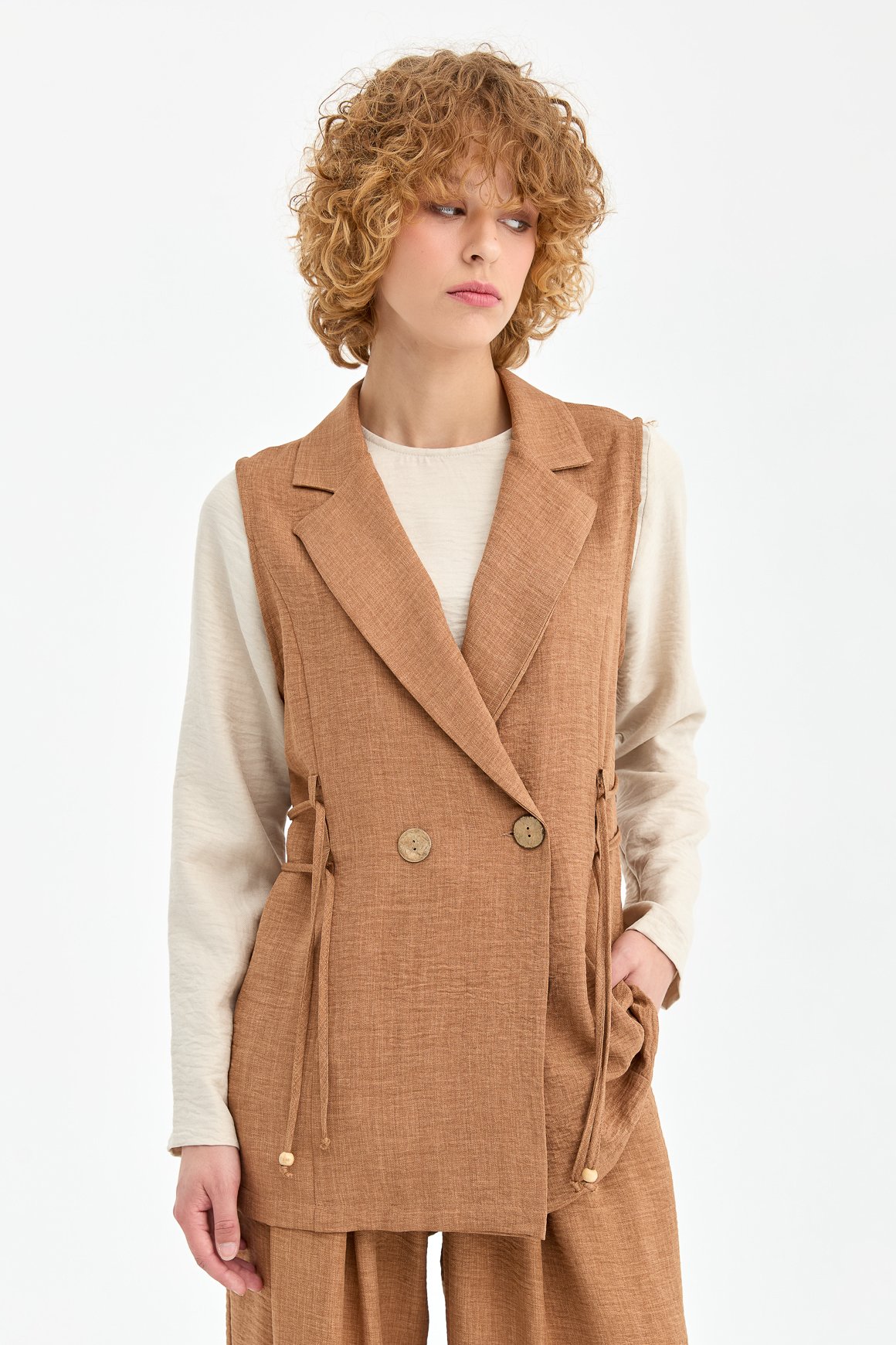 Yelek Bluz Pantolon Takım  Camel