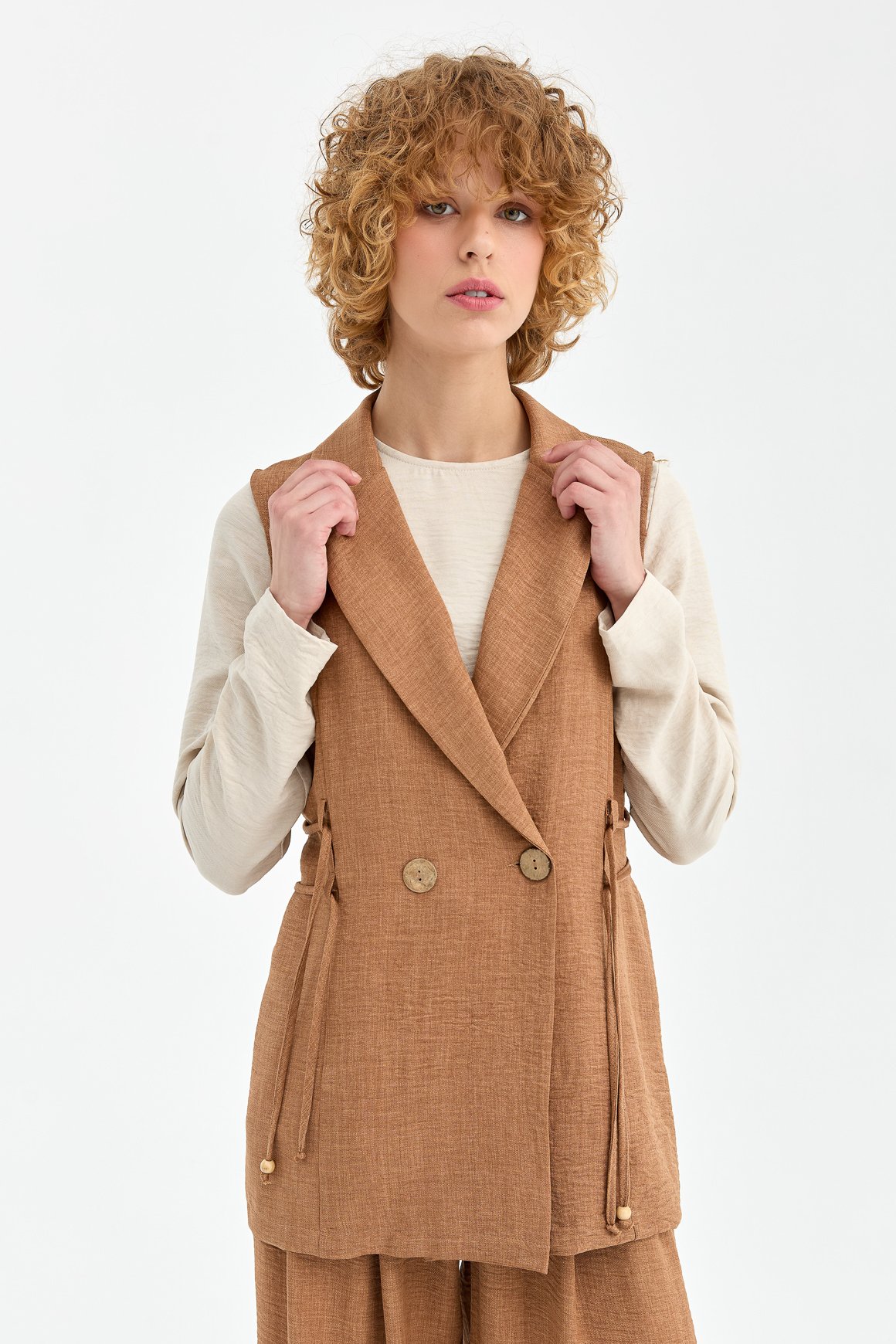 Yelek Bluz Pantolon Takım  Camel