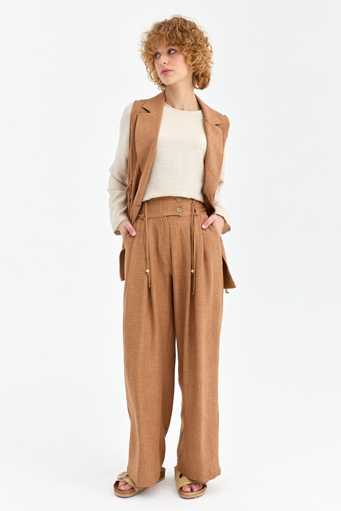 Yelek Bluz Pantolon Takım  Camel