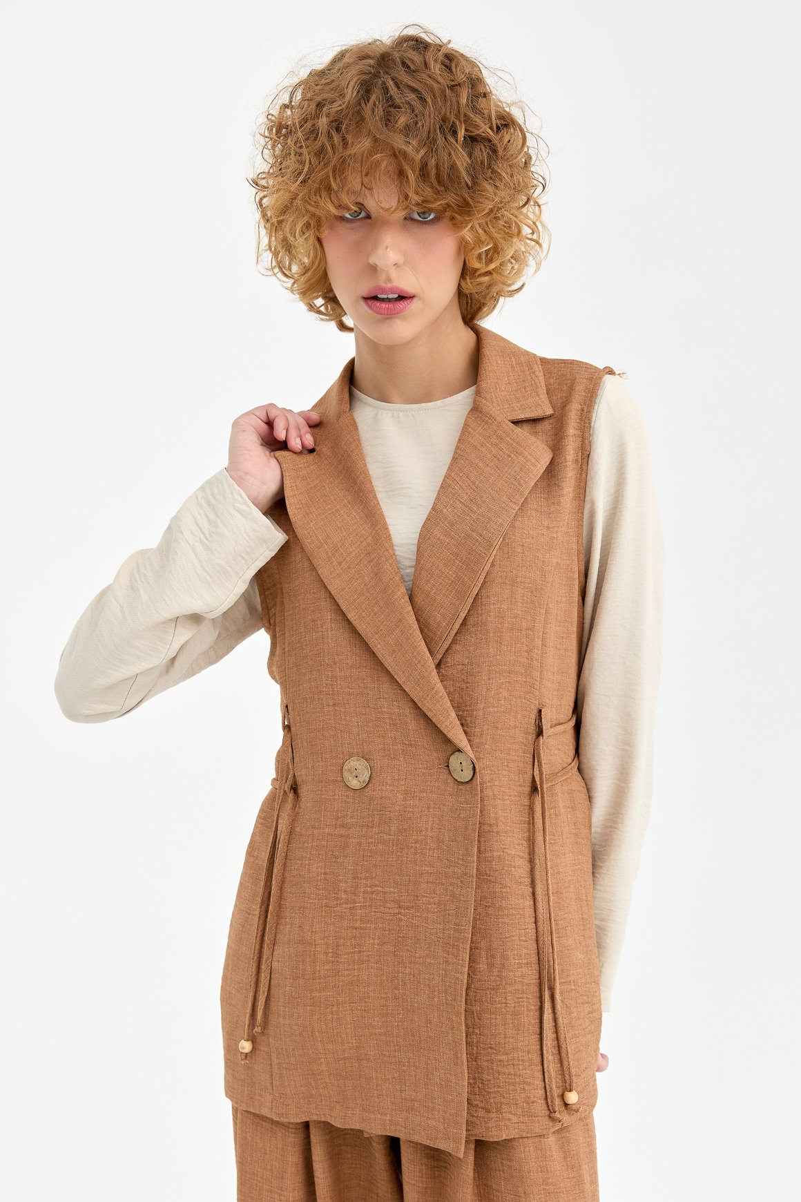 Yelek Bluz Pantolon Takım  Camel