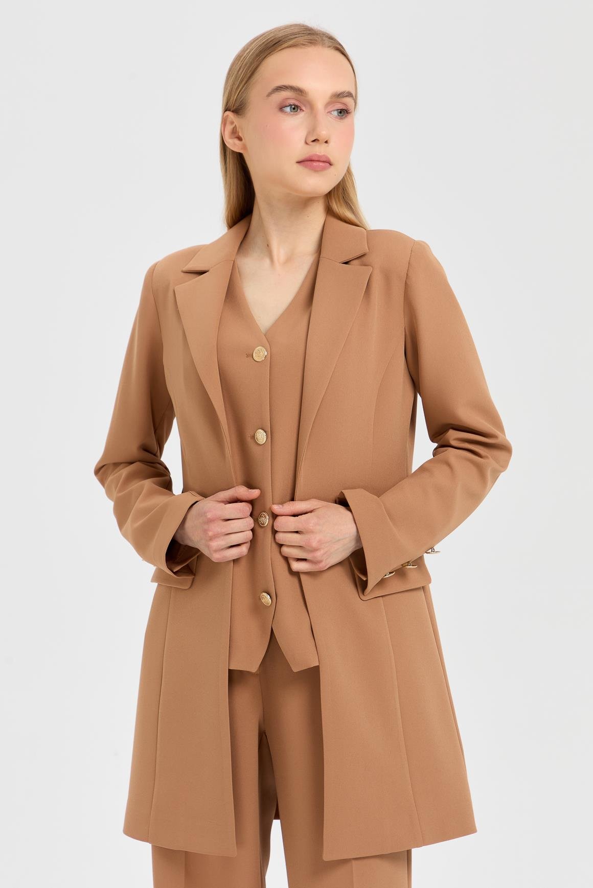 Yelek Ceket Pantolon Takım  Camel