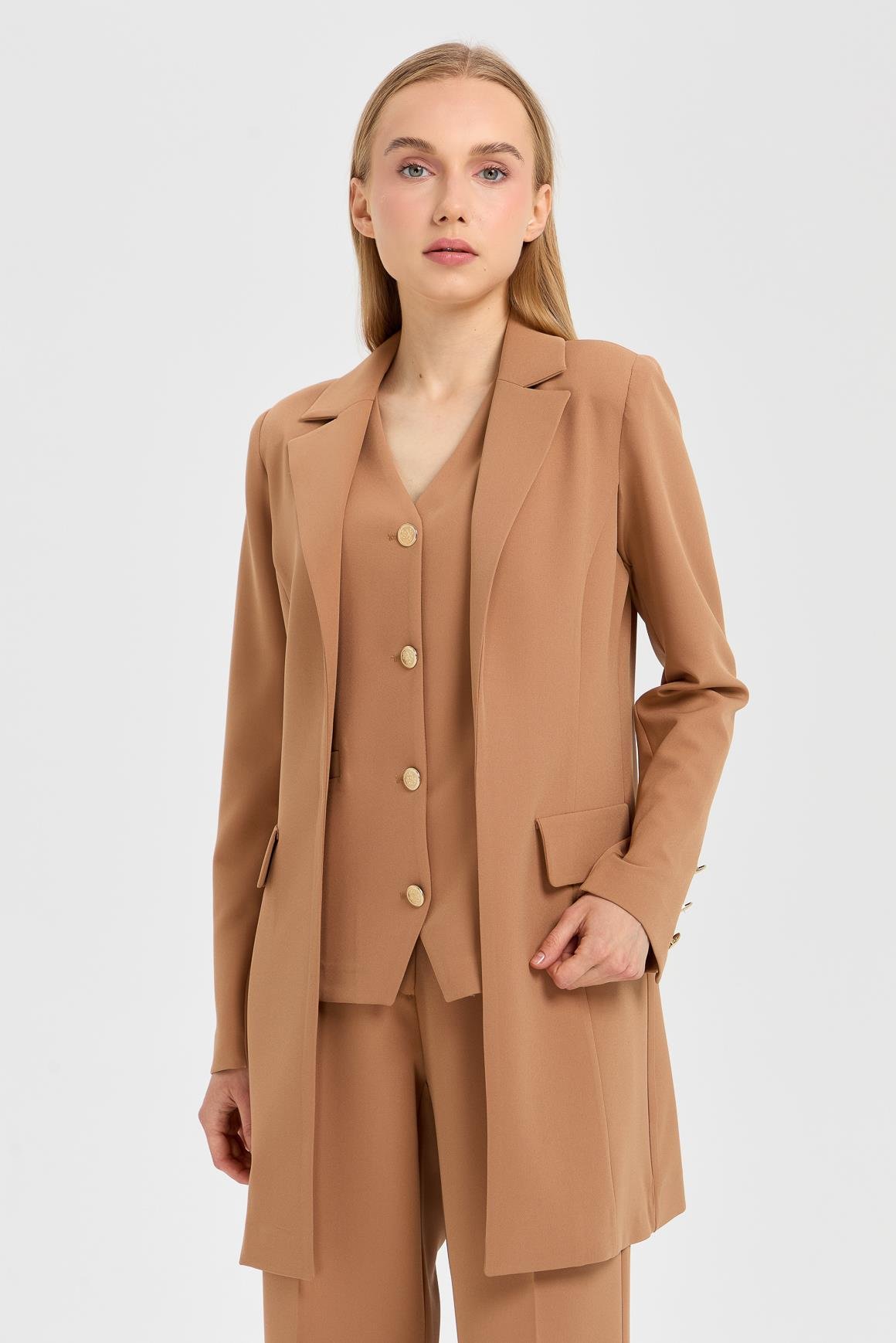 Yelek Ceket Pantolon Takım  Camel