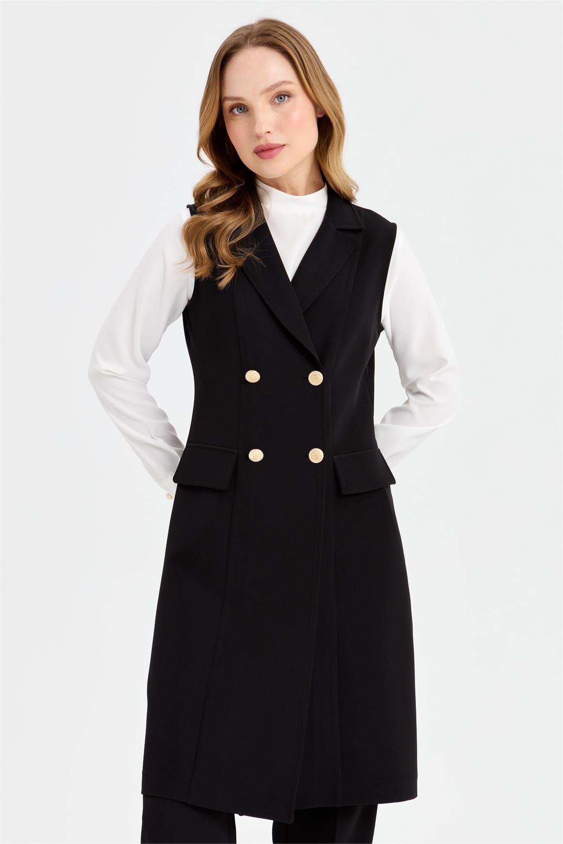 Uzun Yelekli Bluz Pantolon Takım  Siyah